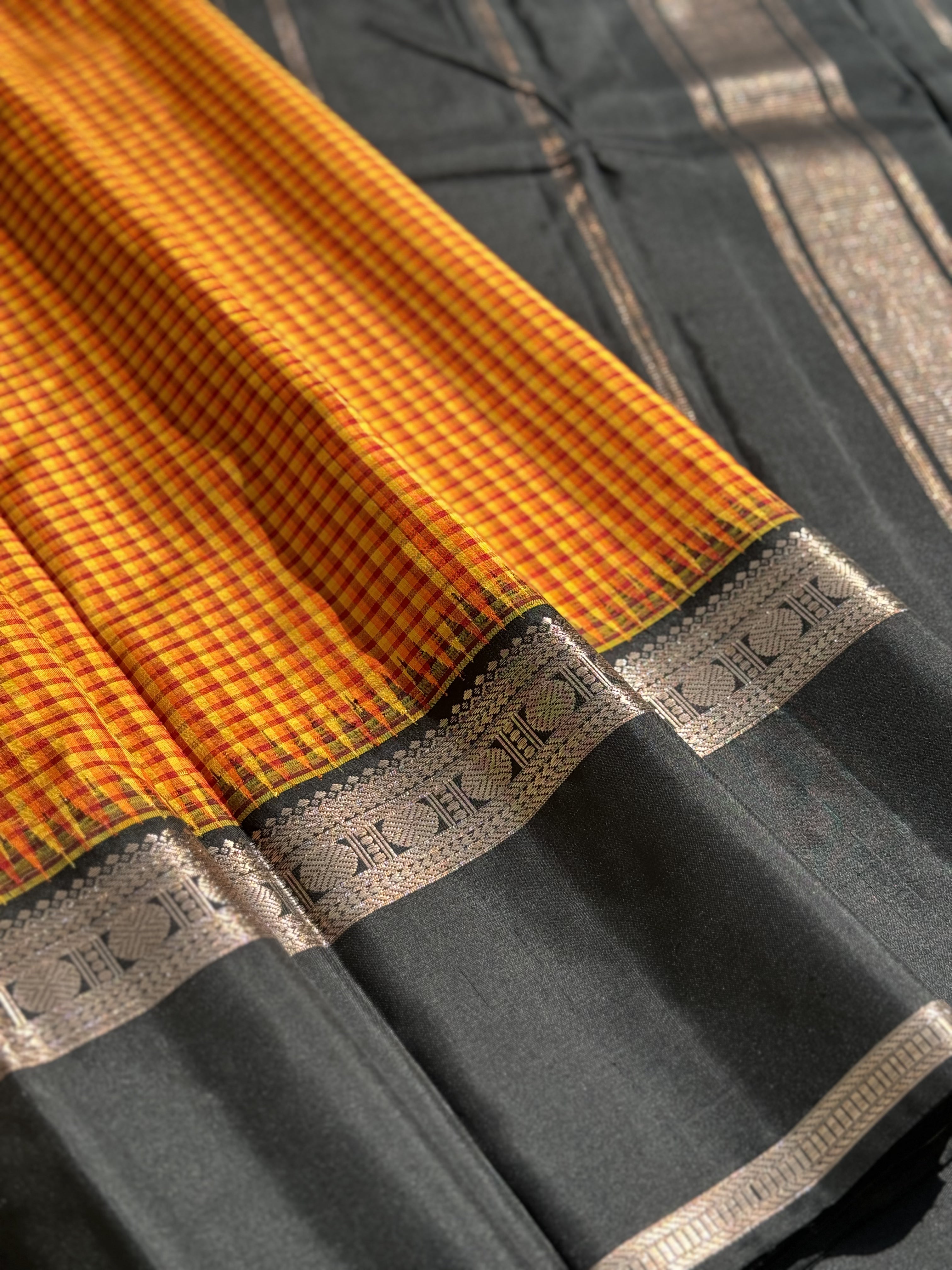 Handwoven Pure Arani Korvai Silk With Pattani kattam or pea checks in mustard yellow with black