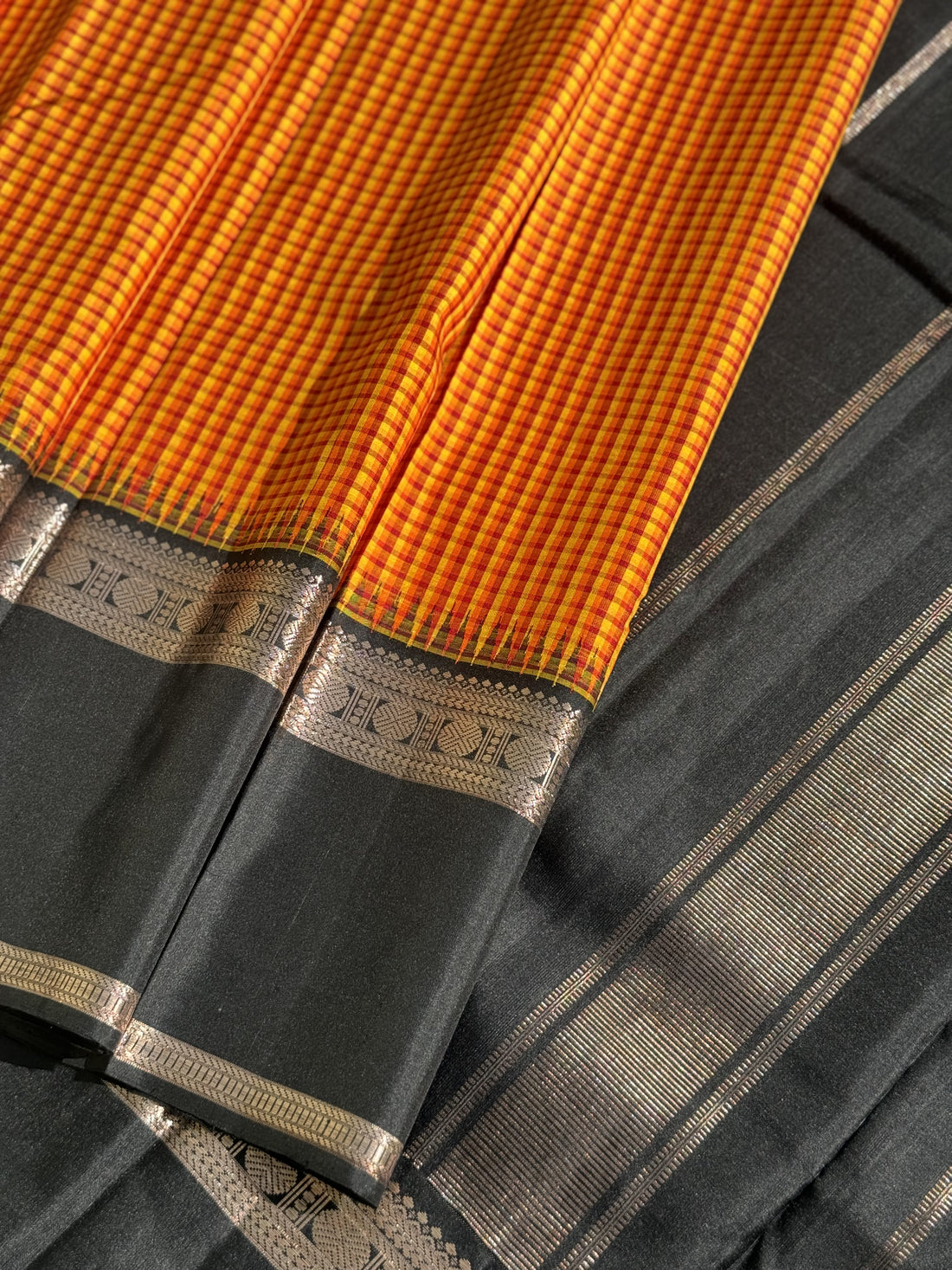 Handwoven Pure Arani Korvai Silk With Pattani kattam or pea checks in mustard yellow with black