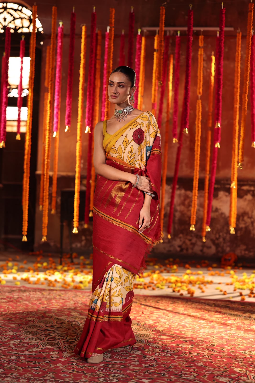 VRATHAPANI Pen Kalamkari Kanchivaram Silk with Ganga jamuna korvai