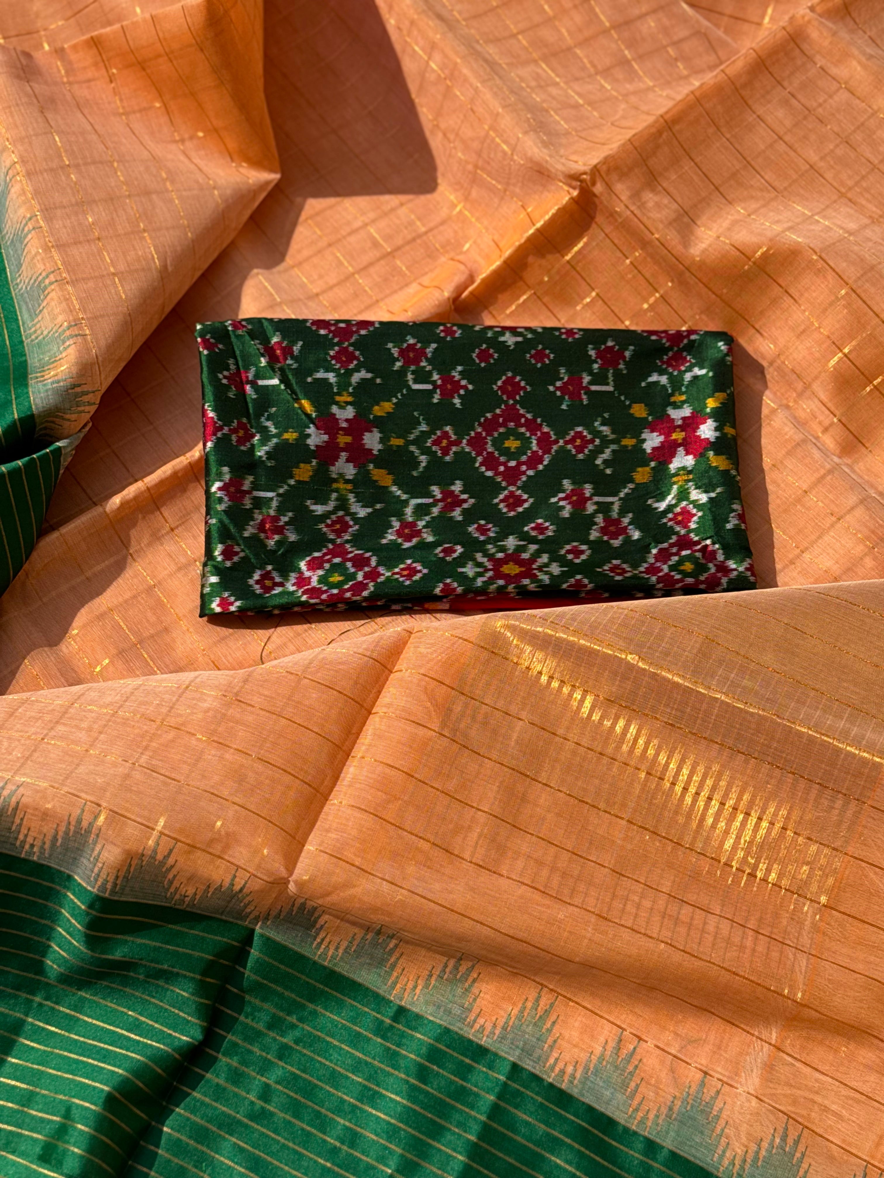 Handspun and handwoven ponduru Khadhi cotton saree with zari checks