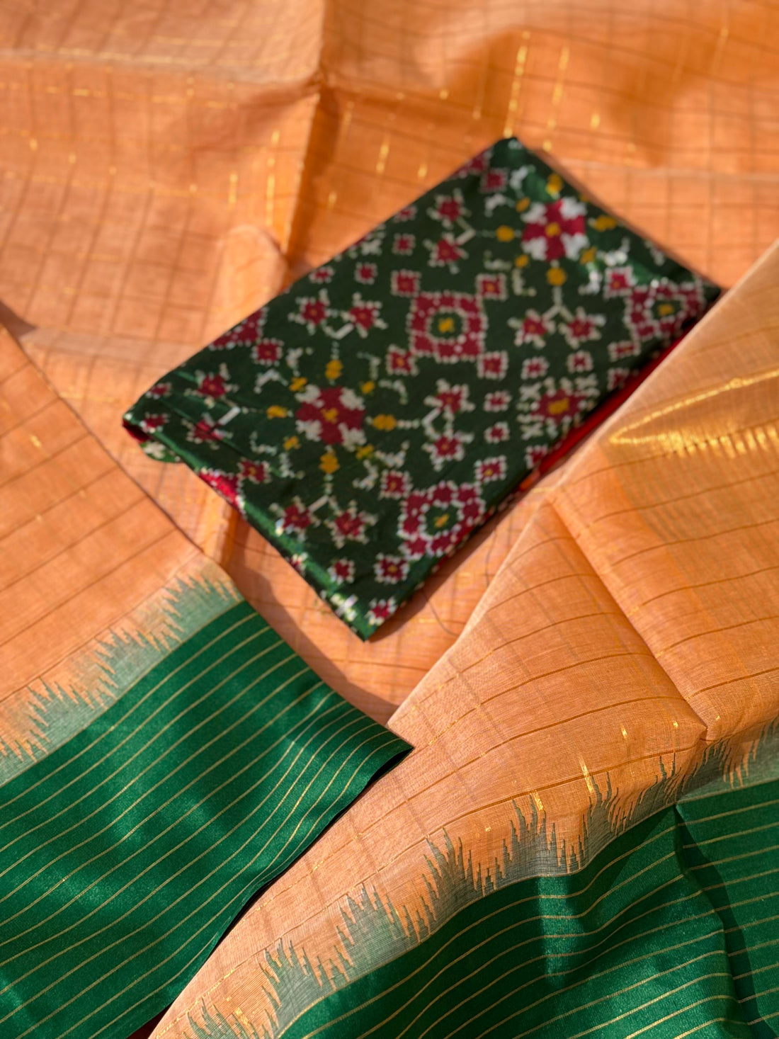 Handspun and handwoven ponduru Khadhi cotton saree with zari checks