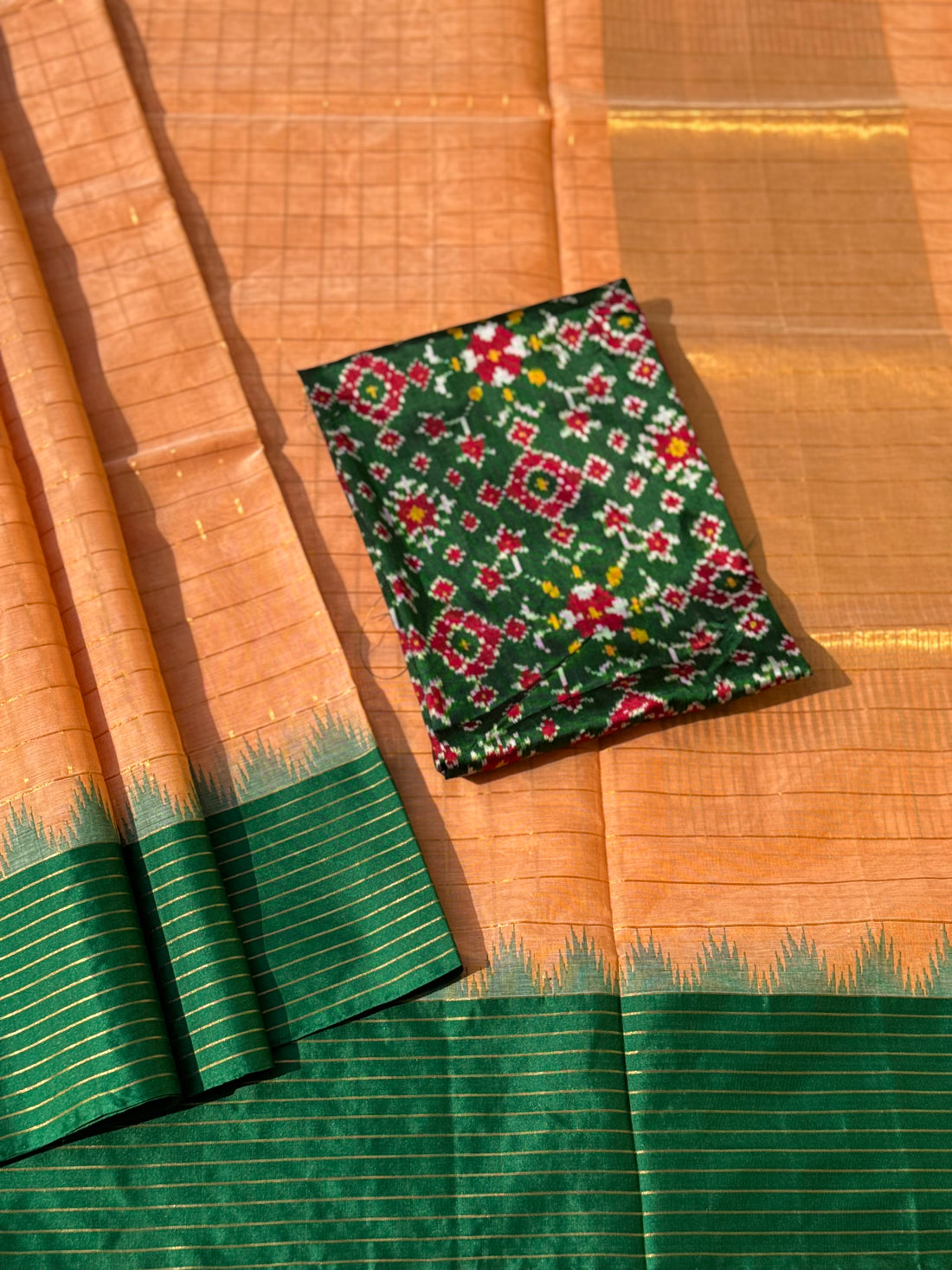 Handspun and handwoven ponduru Khadhi cotton saree with zari checks