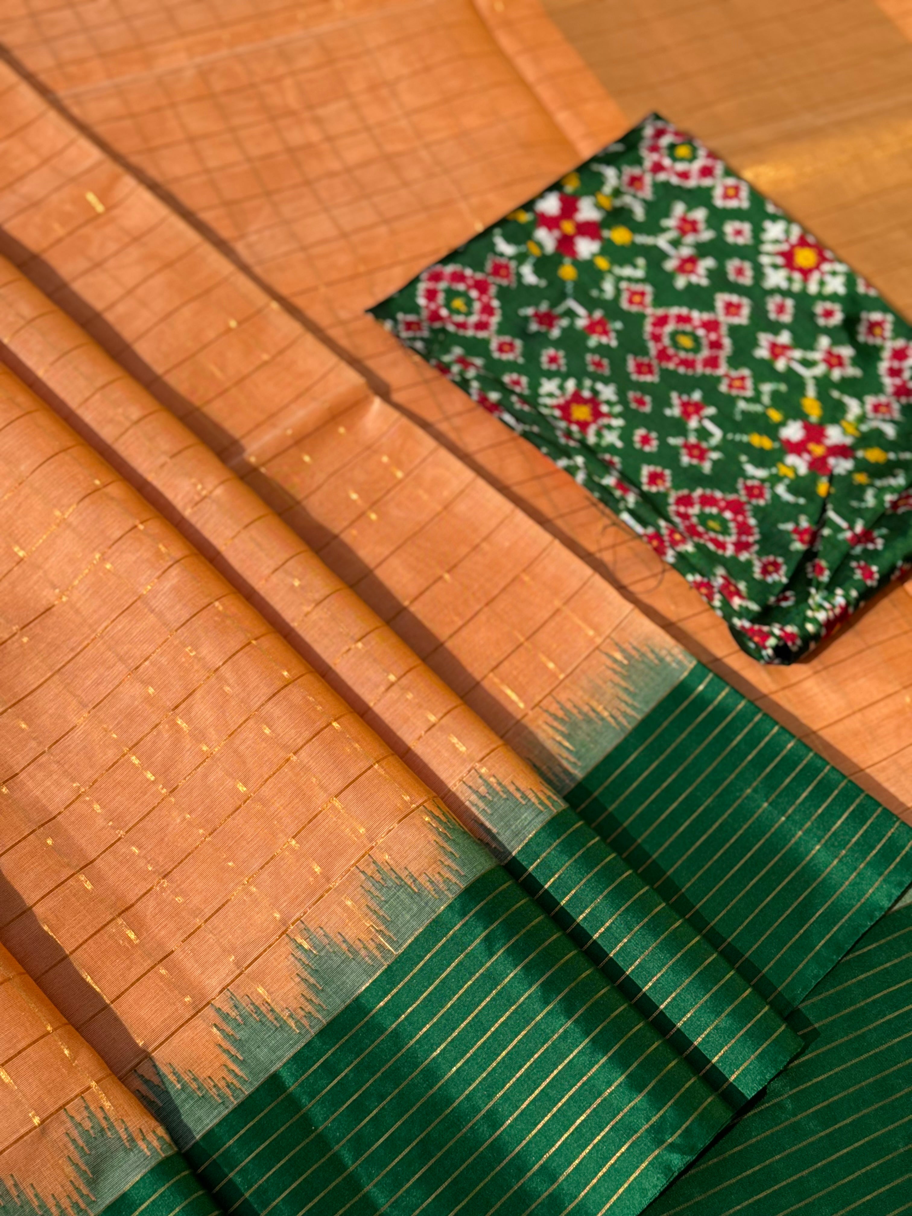 Handspun and handwoven ponduru Khadhi cotton saree with zari checks