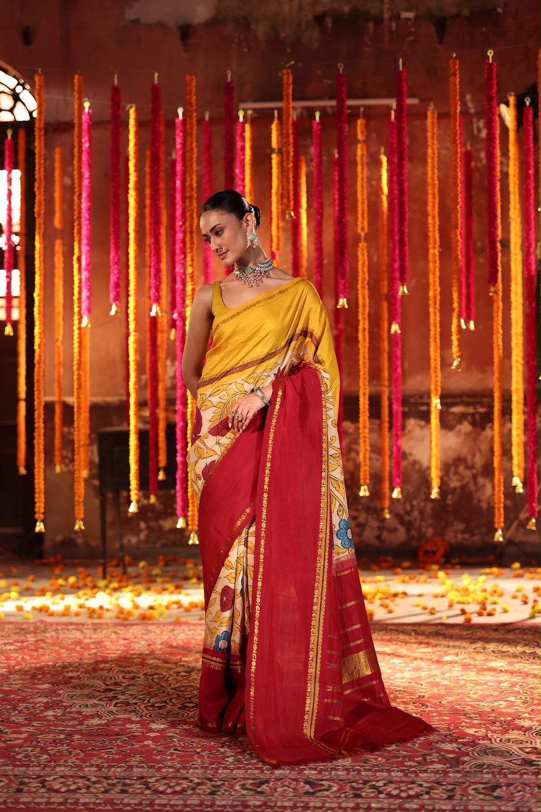 VRATHAPANI Pen Kalamkari Kanchivaram Silk with Ganga jamuna korvai