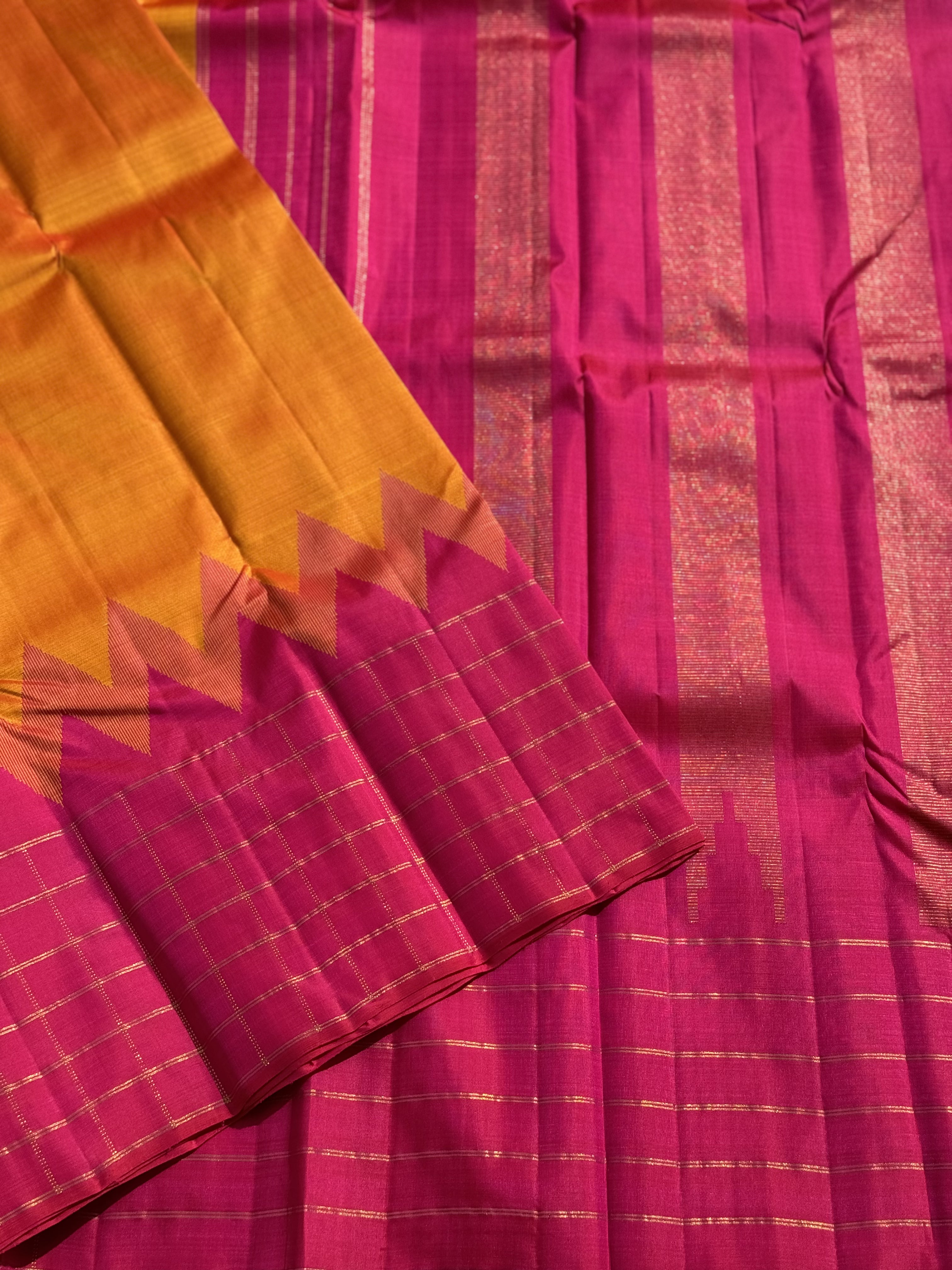 Handwoven Pure Arani Korvai Silk with contemporary one side korvai in beautiful burnt orange and pink combo