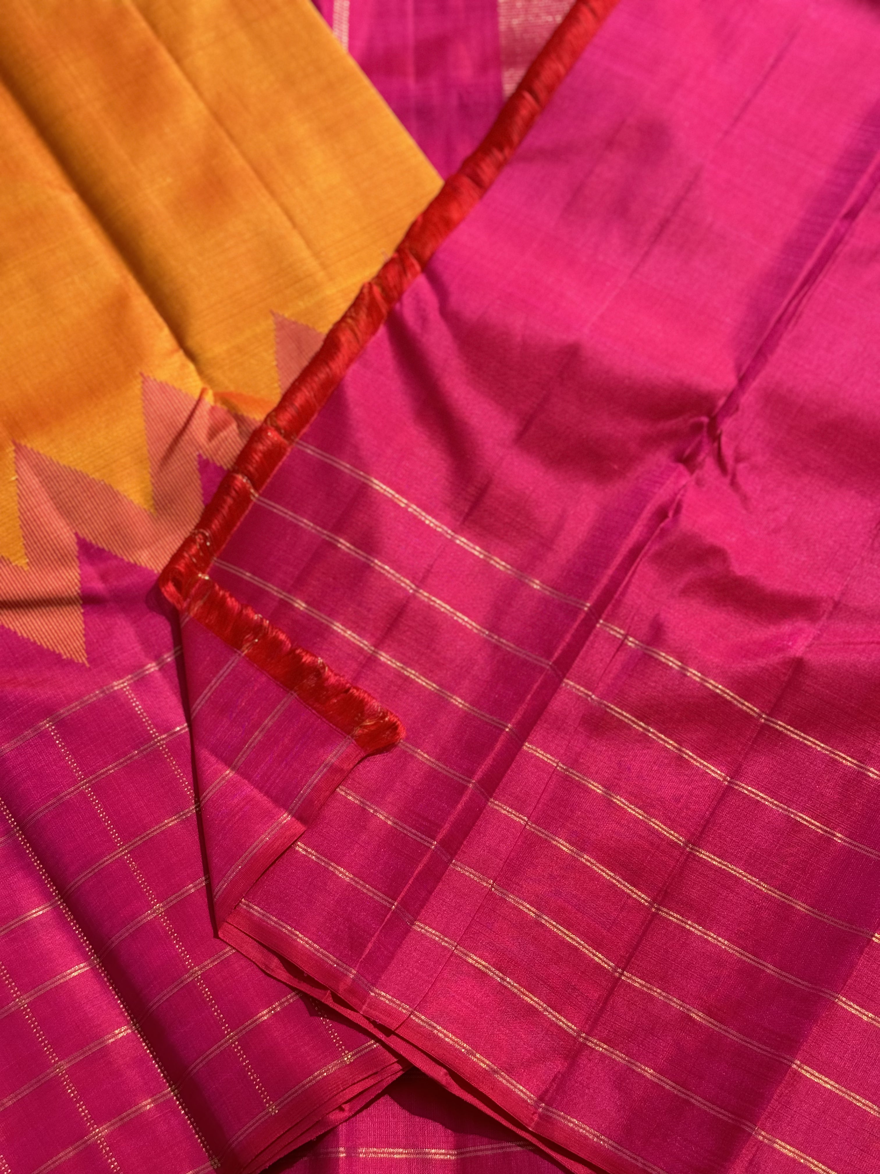 Handwoven Pure Arani Korvai Silk with contemporary one side korvai in beautiful burnt orange and pink combo
