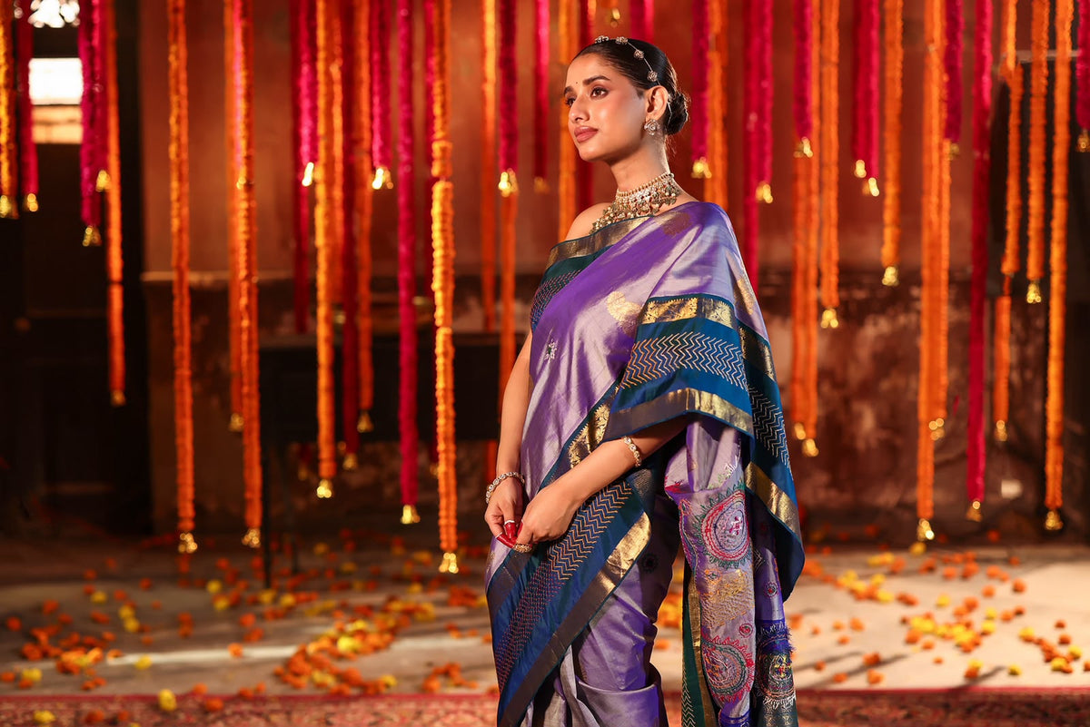 Exclusive masterpiece Kanchivaram korvai silk saree with hand embroidery lambani work