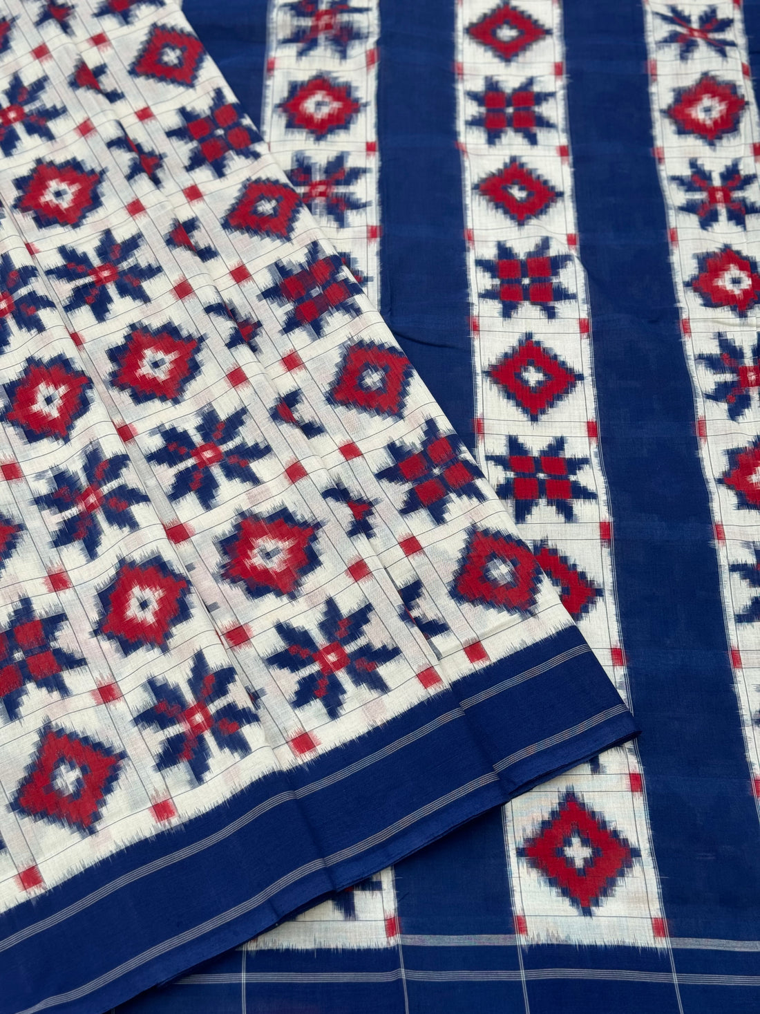 Blue red and white Telia Rumal double ikkat cotton saree