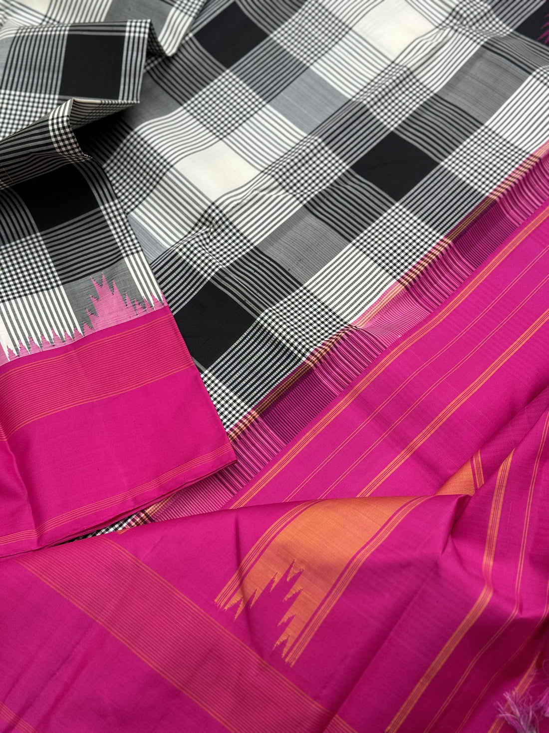 Handwoven Pure Arani Korvai Silk With Burberry plaid in black white and pink