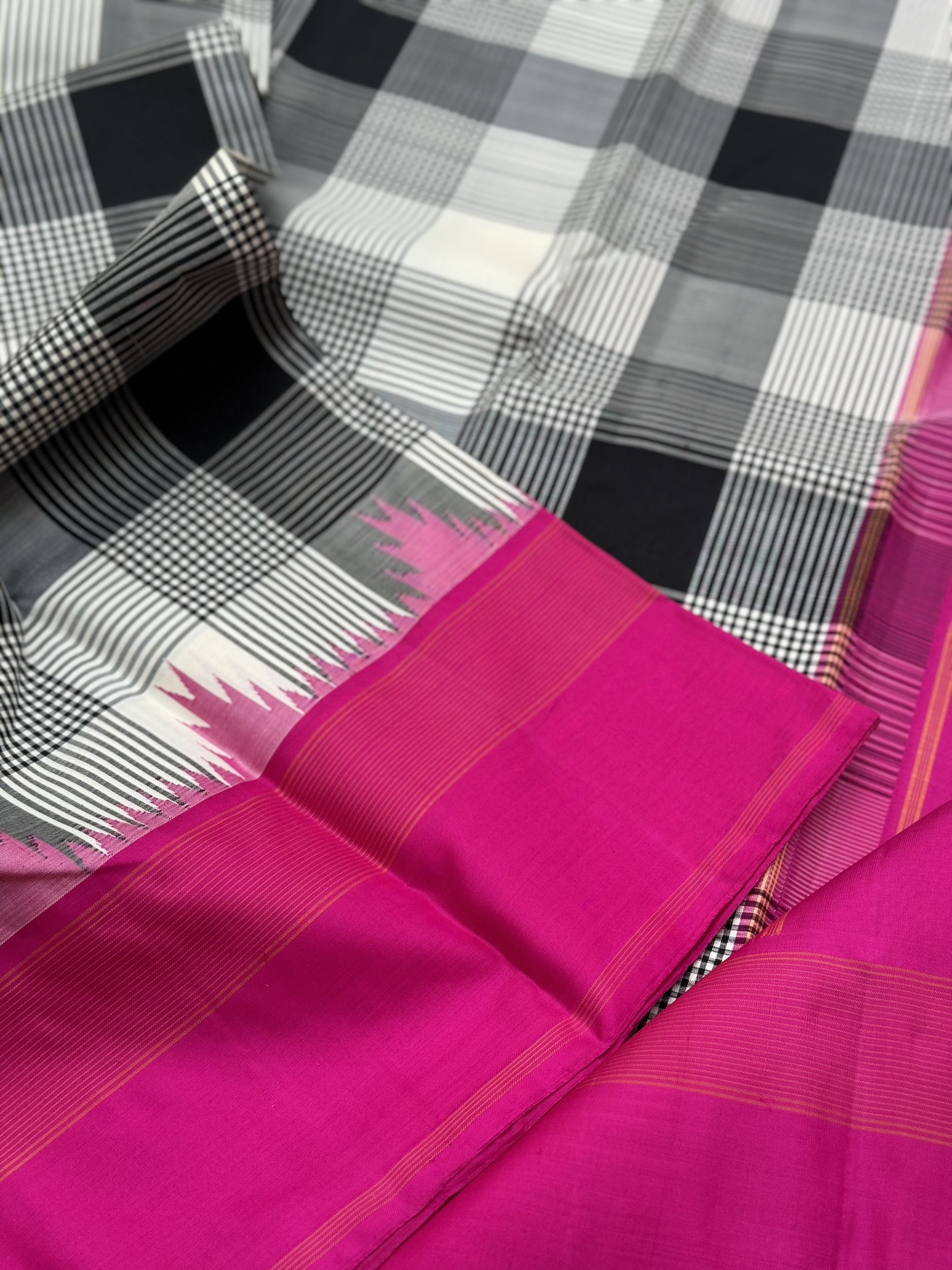 Handwoven Pure Arani Korvai Silk With Burberry plaid in black white and pink