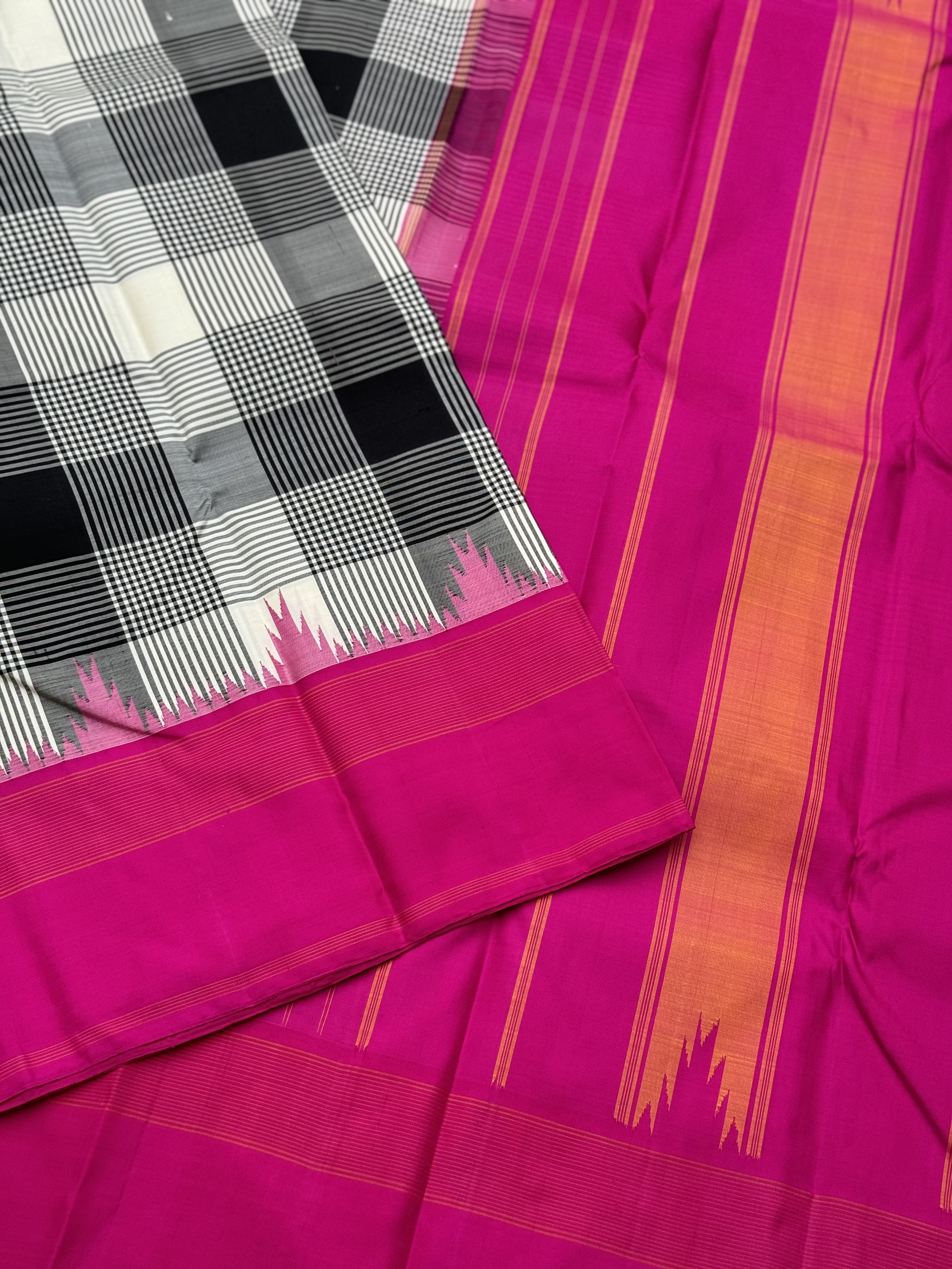 Handwoven Pure Arani Korvai Silk With Burberry plaid in black white and pink