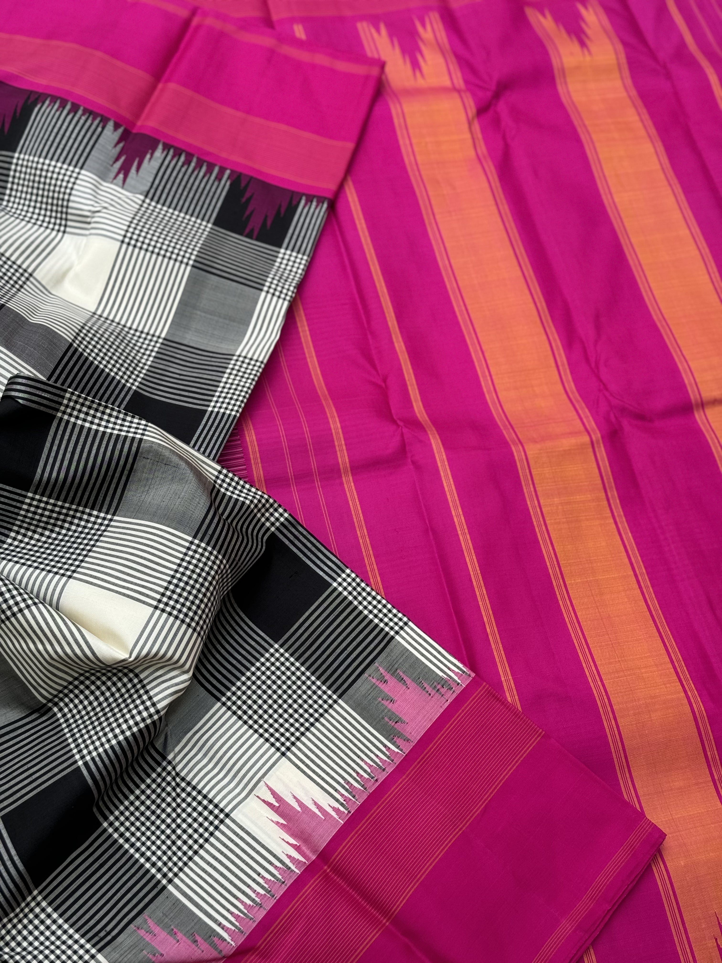 Handwoven Pure Arani Korvai Silk With Burberry plaid in black white and pink