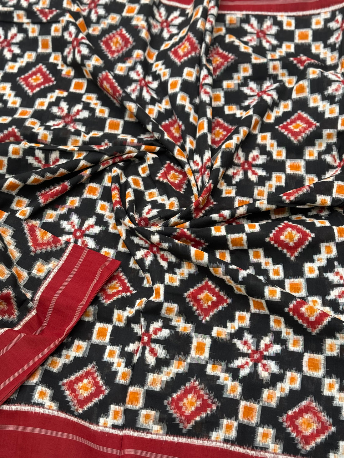 Yellow black and Red Telia Rumal double ikkat cotton saree