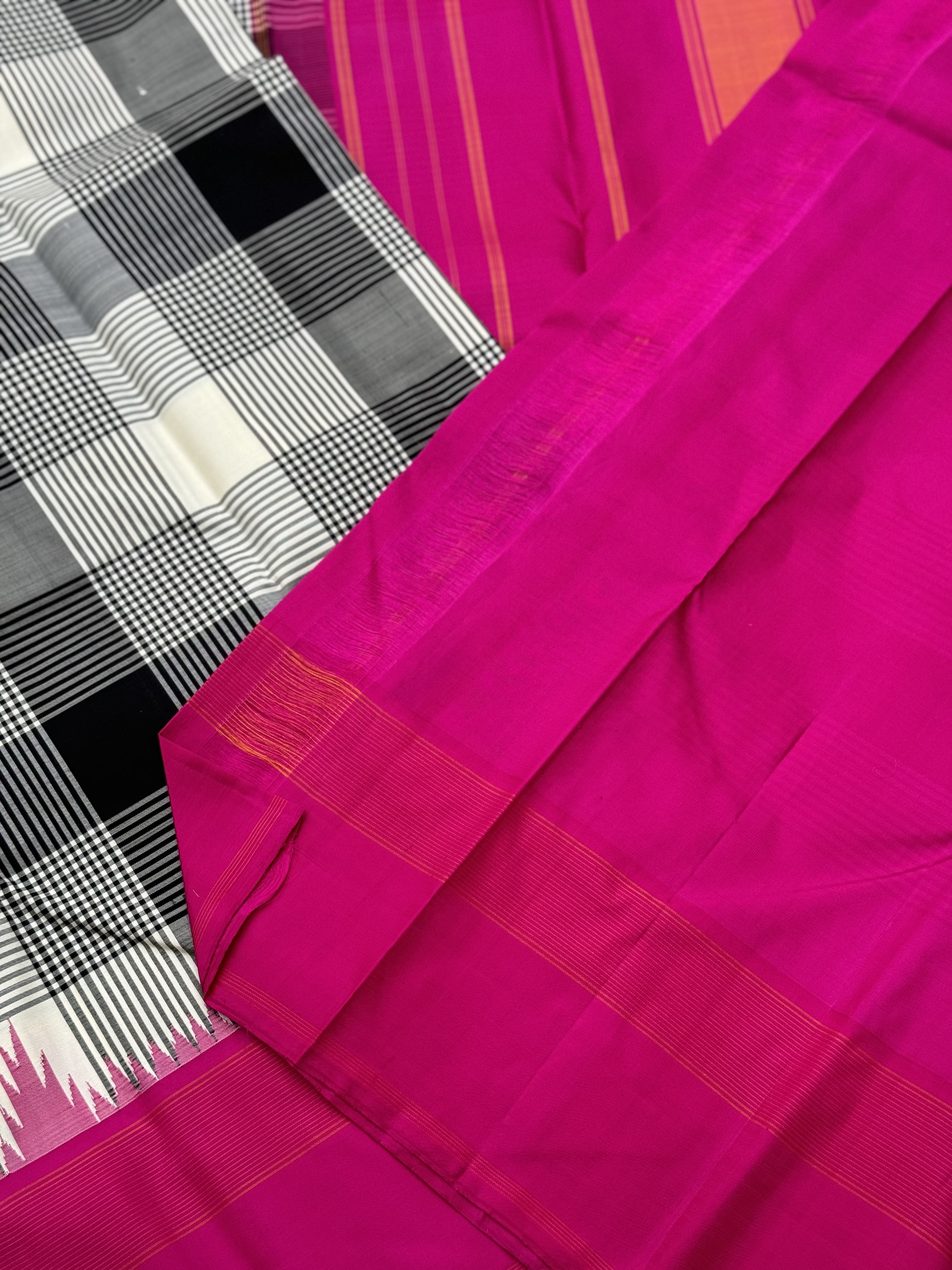 Handwoven Pure Arani Korvai Silk With Burberry plaid in black white and pink