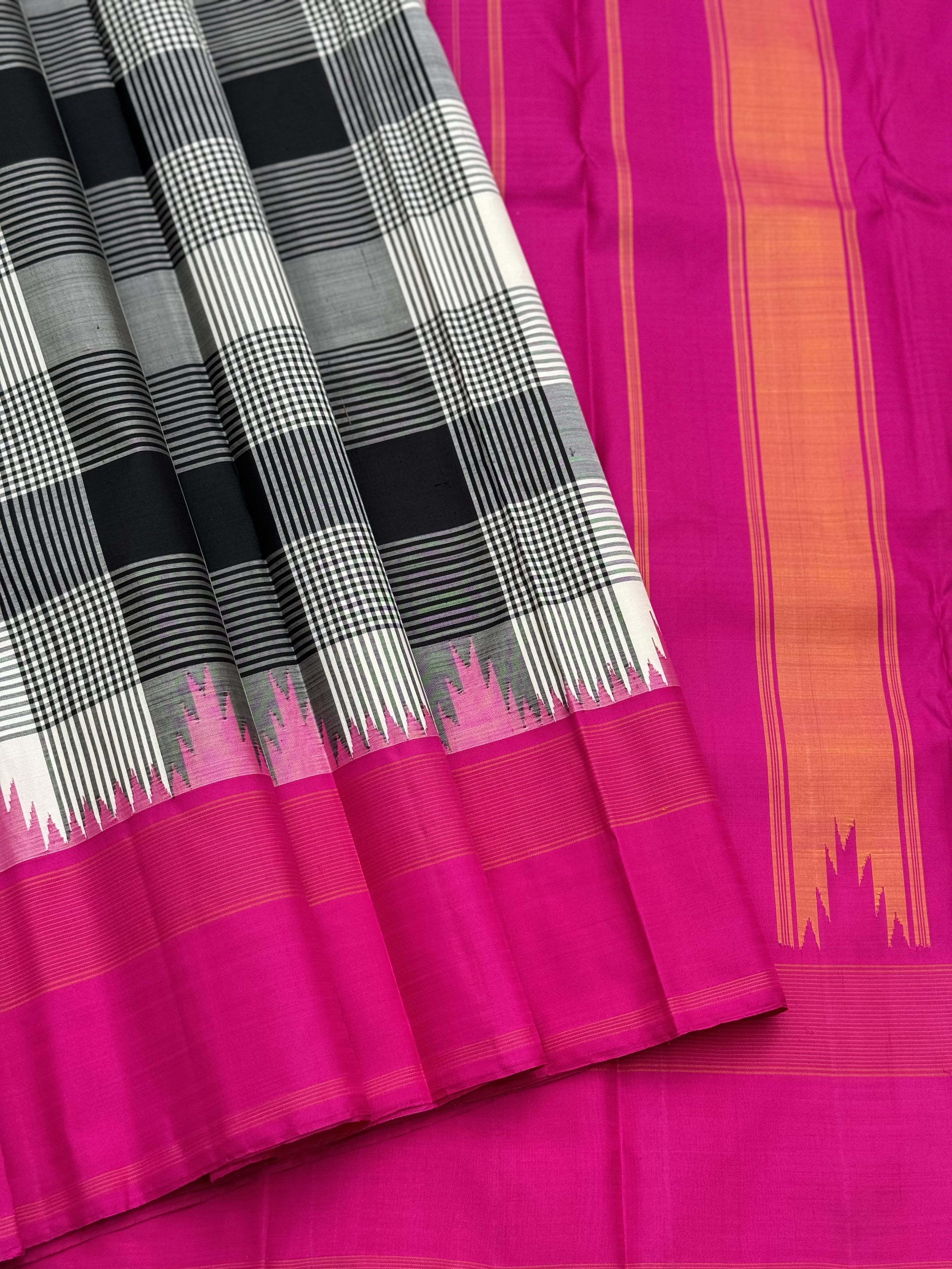 Handwoven Pure Arani Korvai Silk With Burberry plaid in black white and pink