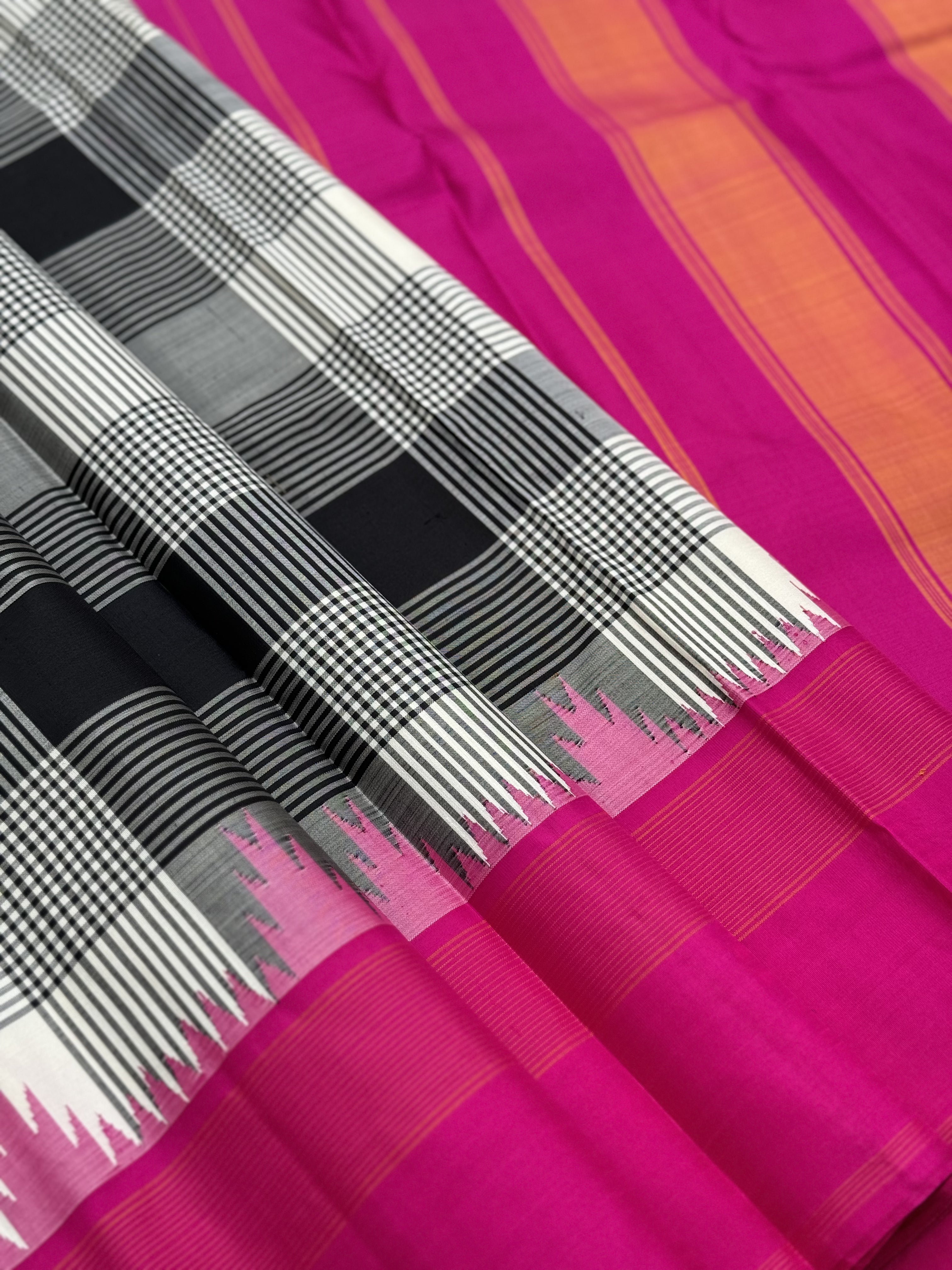Handwoven Pure Arani Korvai Silk With Burberry plaid in black white and pink
