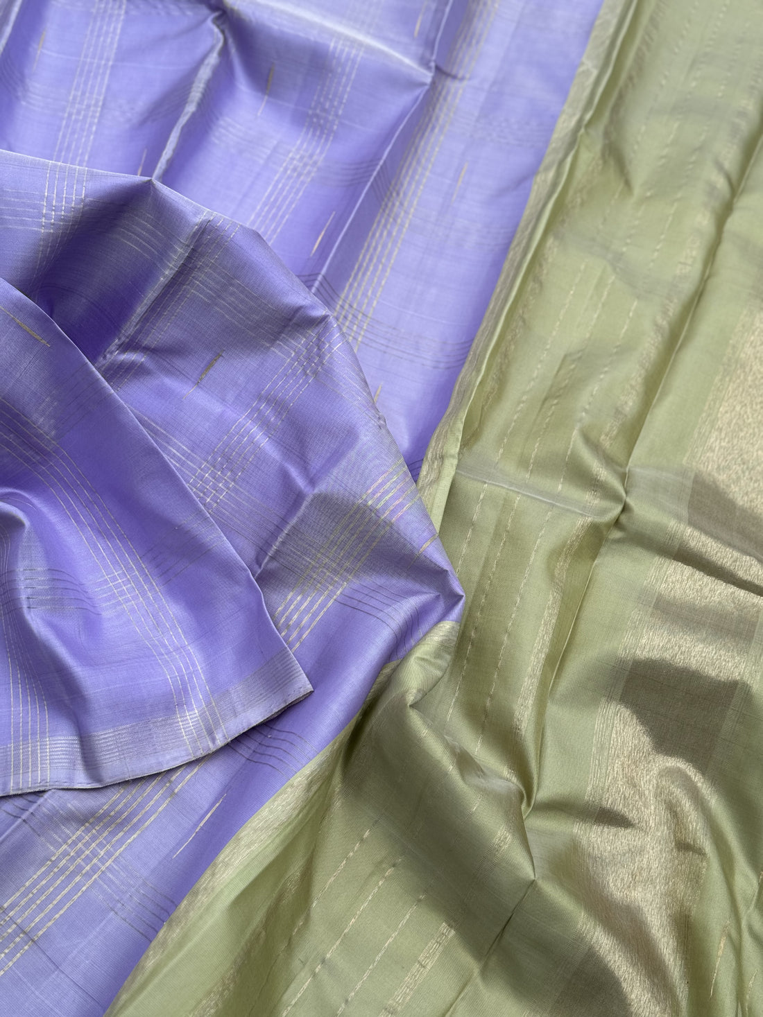 Handwoven Pure Arani Korvai Silk With unique lavender with pastel green or elaichi green zari checks