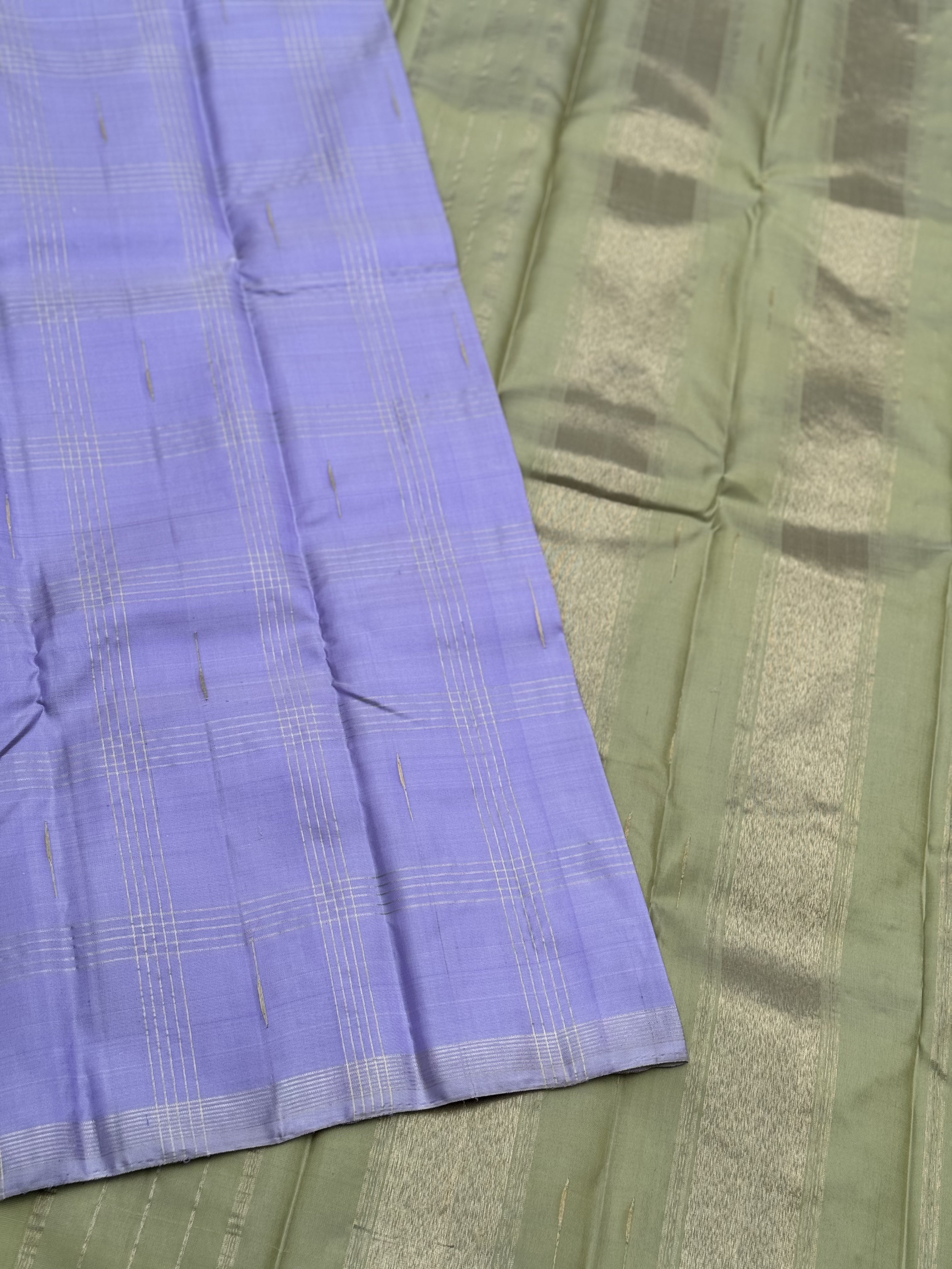 Handwoven Pure Arani Korvai Silk With unique lavender with pastel green or elaichi green zari checks