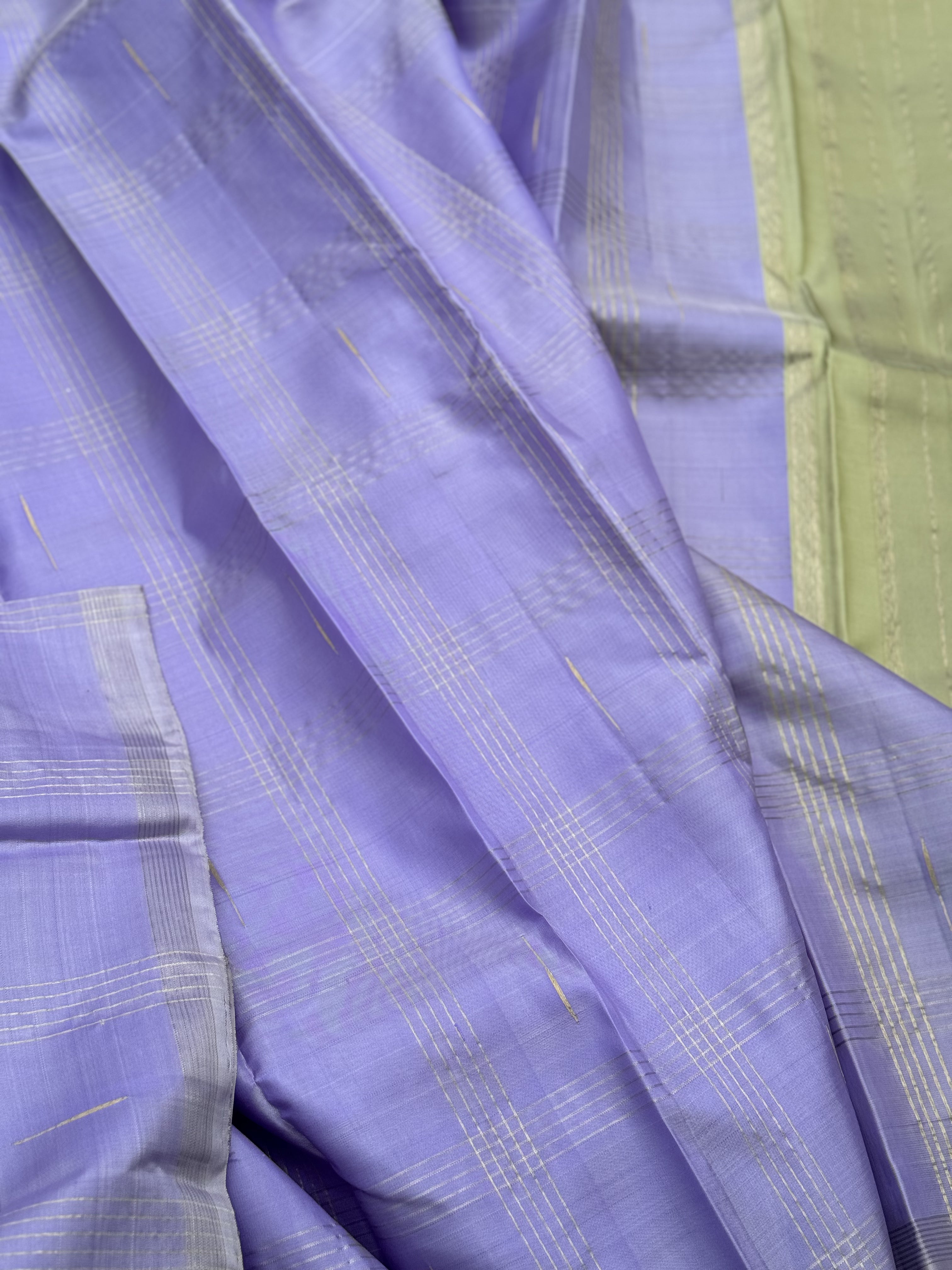 Handwoven Pure Arani Korvai Silk With unique lavender with pastel green or elaichi green zari checks