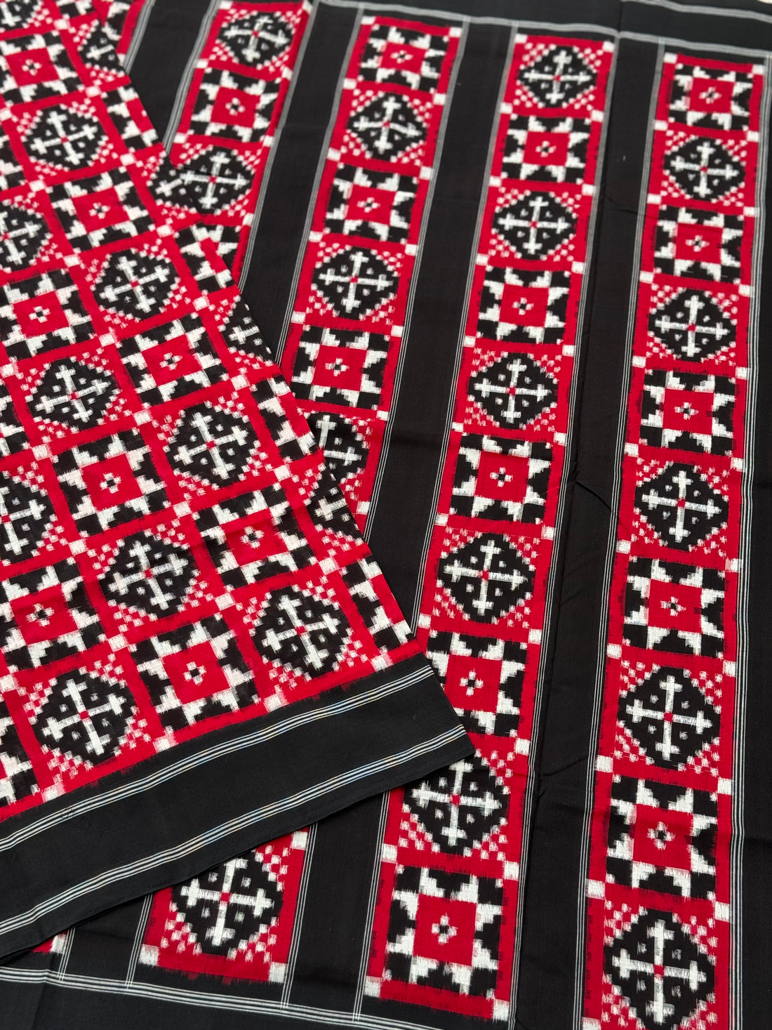 Red and black Telia Rumal double ikkat cotton saree