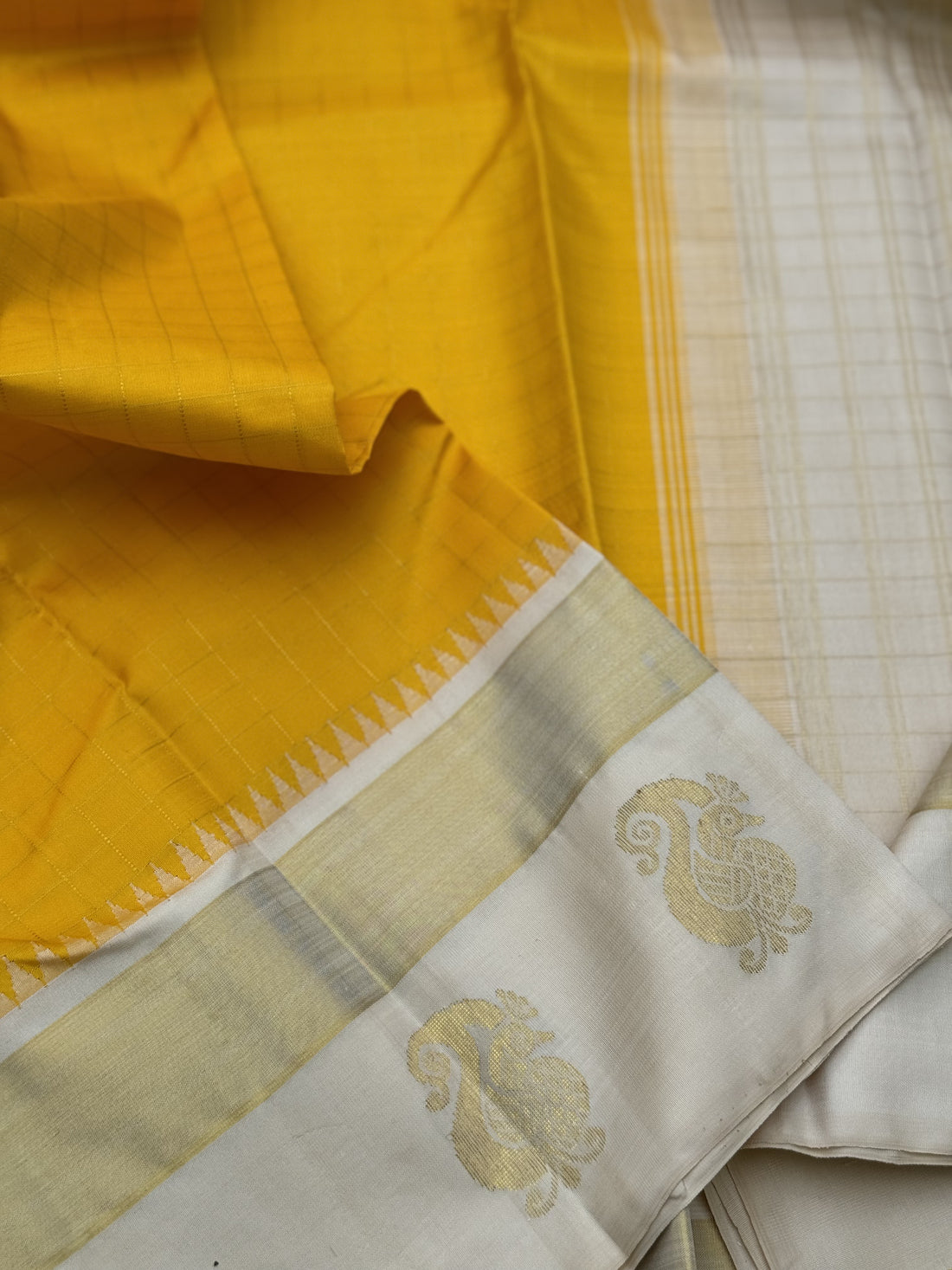 Handwoven Pure Arani Korvai Silk With beautiful yellow with ivory colour Zari checks pattern