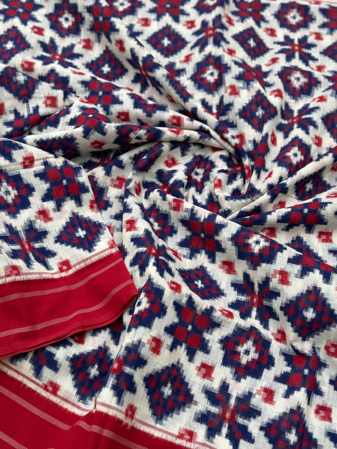 Blue white and red Telia Rumal double ikkat cotton saree