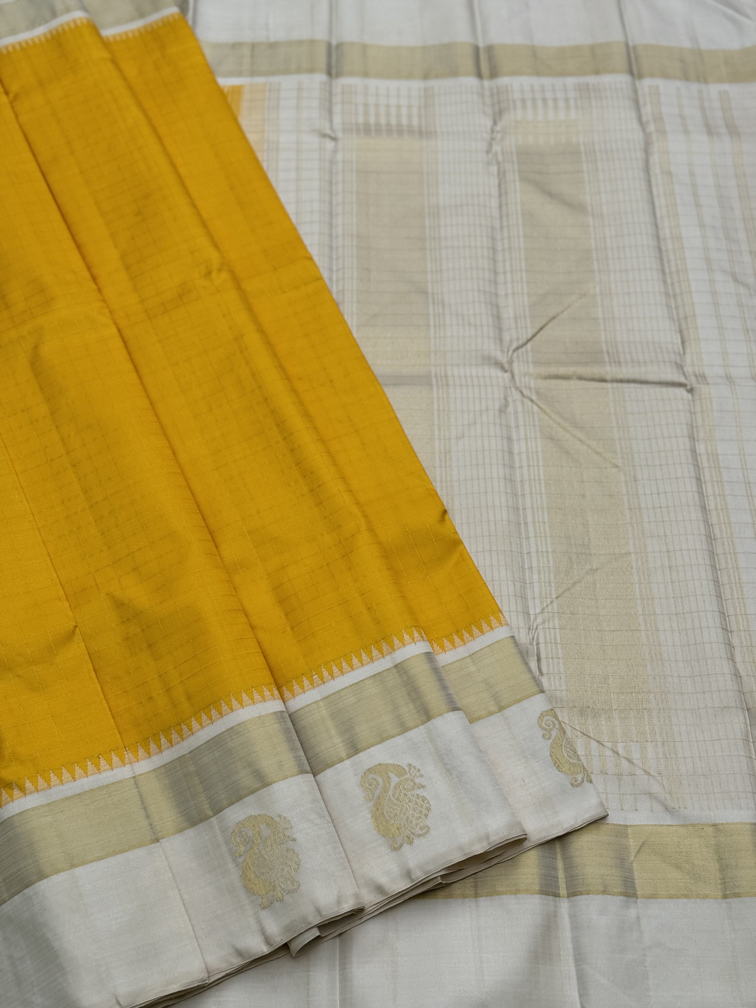 Handwoven Pure Arani Korvai Silk With beautiful yellow with ivory colour Zari checks pattern