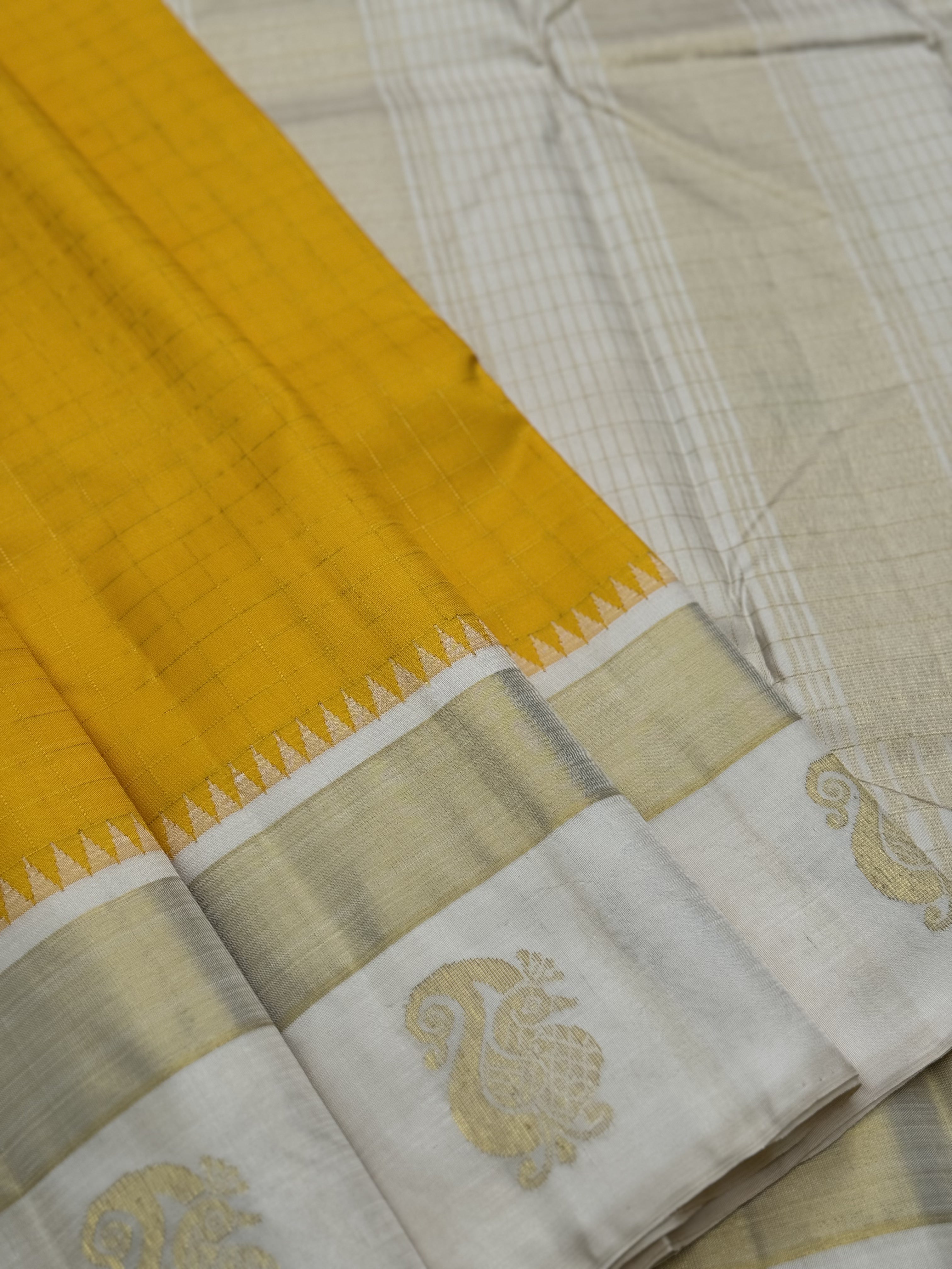 Handwoven Pure Arani Korvai Silk With beautiful yellow with ivory colour Zari checks pattern