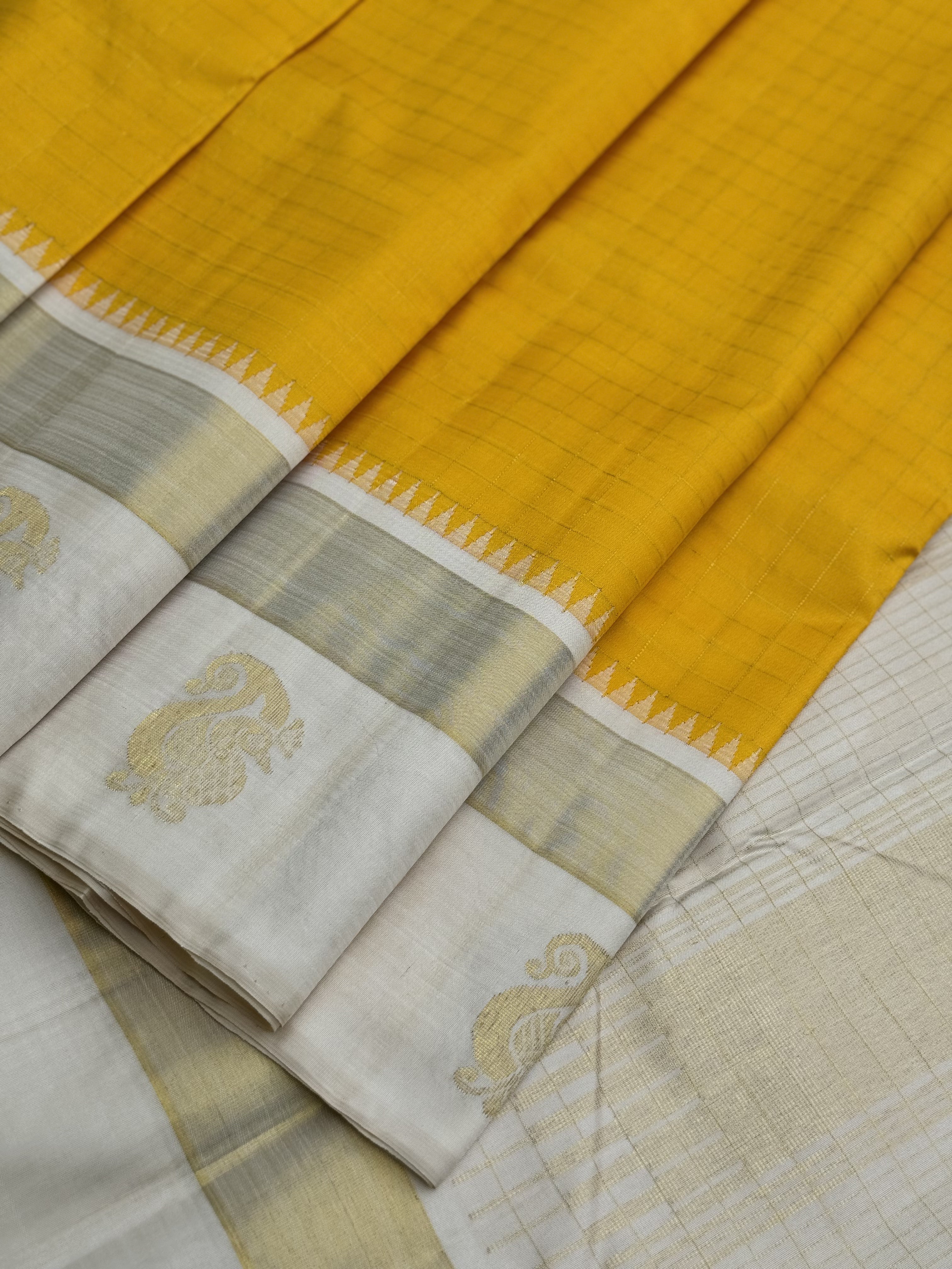 Handwoven Pure Arani Korvai Silk With beautiful yellow with ivory colour Zari checks pattern