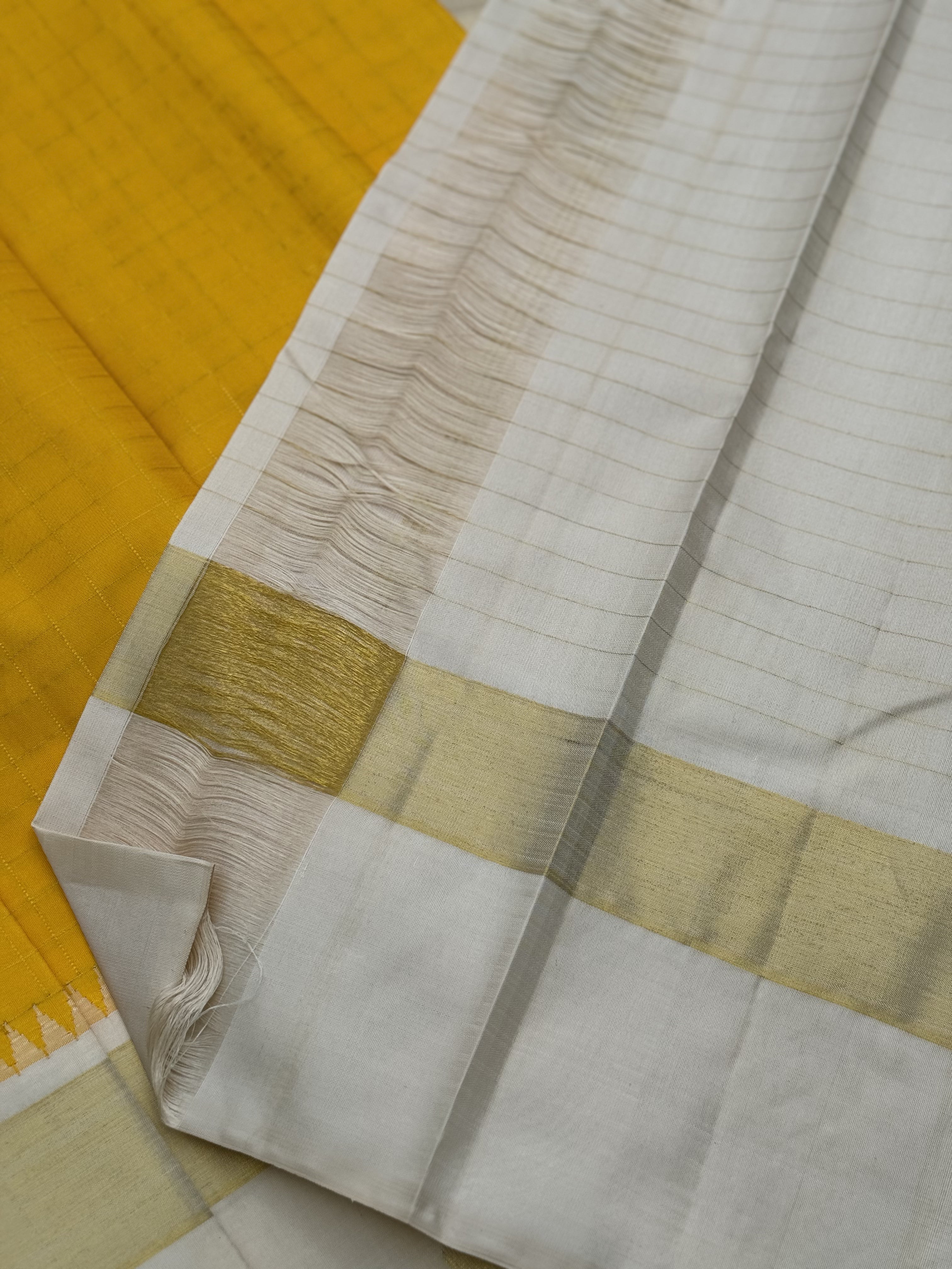 Handwoven Pure Arani Korvai Silk With beautiful yellow with ivory colour Zari checks pattern