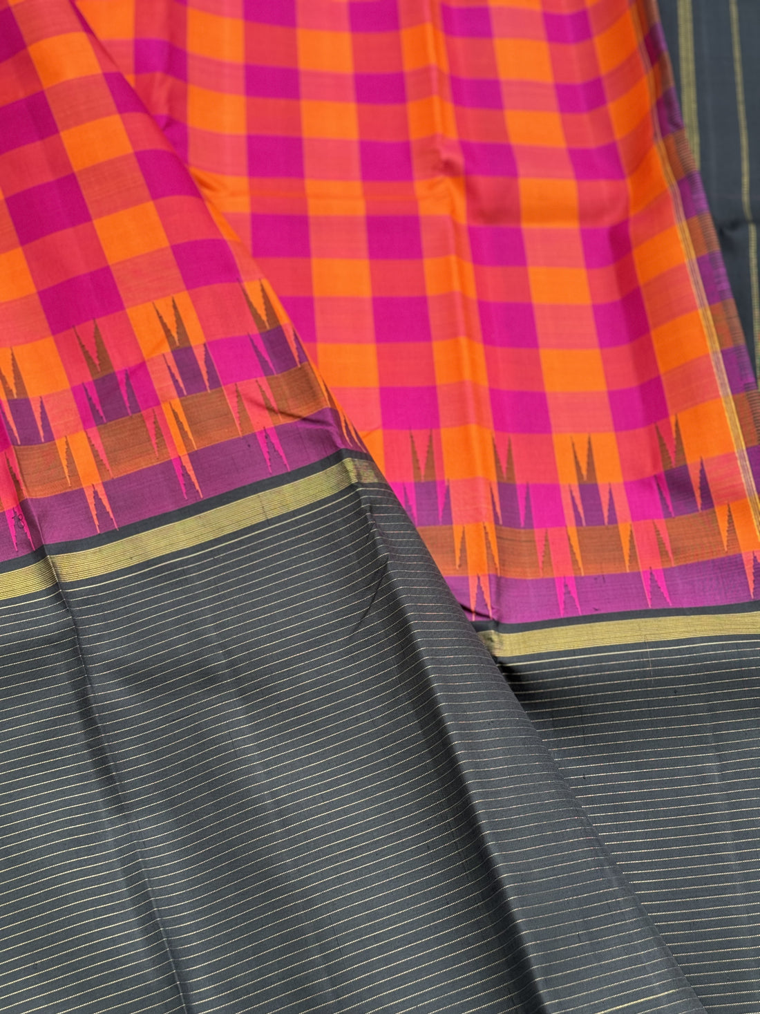 Handwoven Pure Arani Korvai Silk with colourful pink yellow red kattam checkers pattern