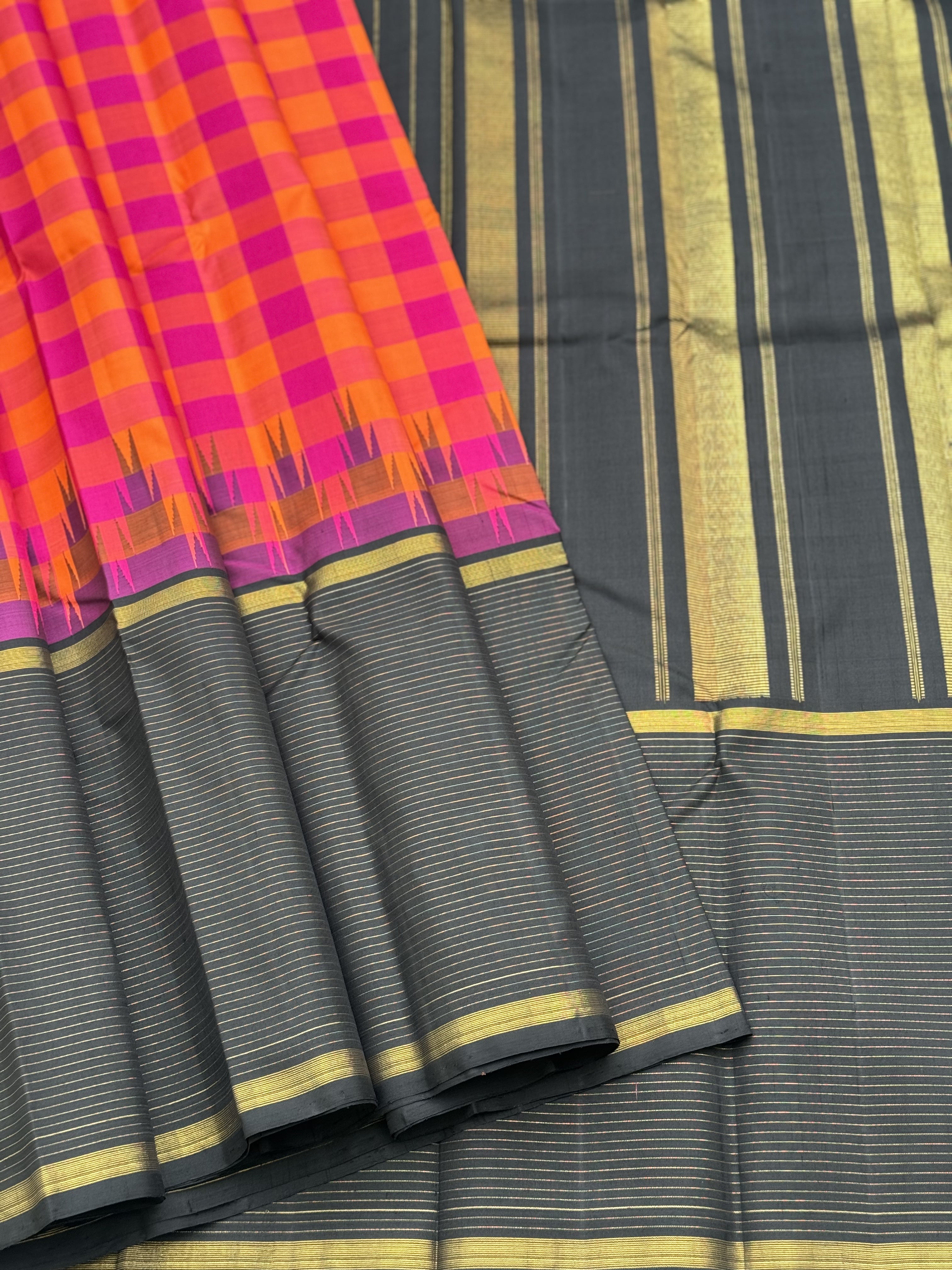 Handwoven Pure Arani Korvai Silk with colourful pink yellow red kattam checkers pattern
