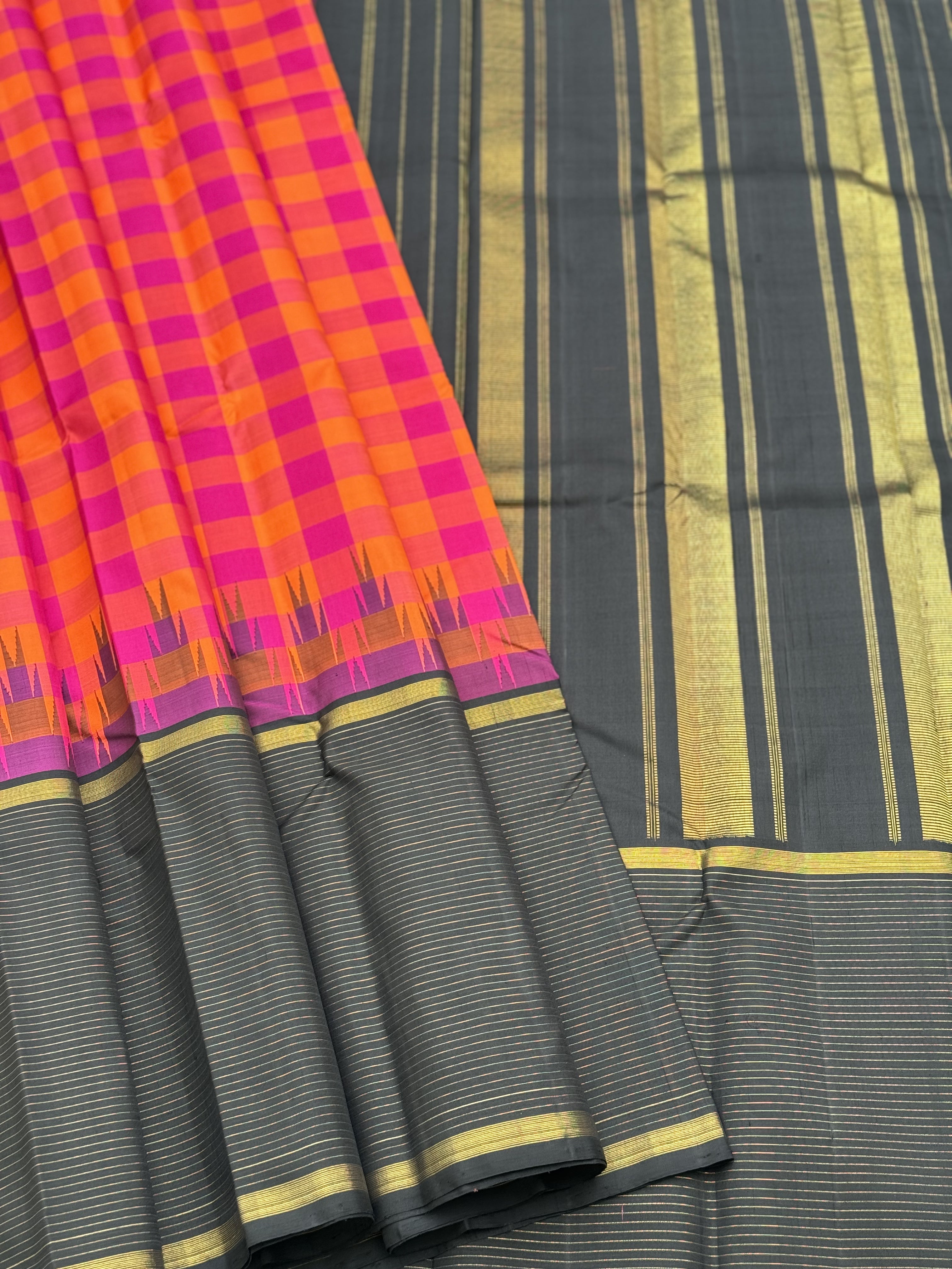 Handwoven Pure Arani Korvai Silk with colourful pink yellow red kattam checkers pattern