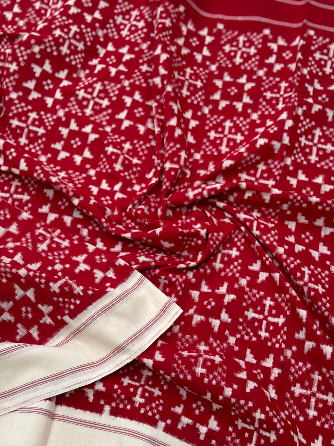 Red and white Telia Rumal double ikkat cotton saree