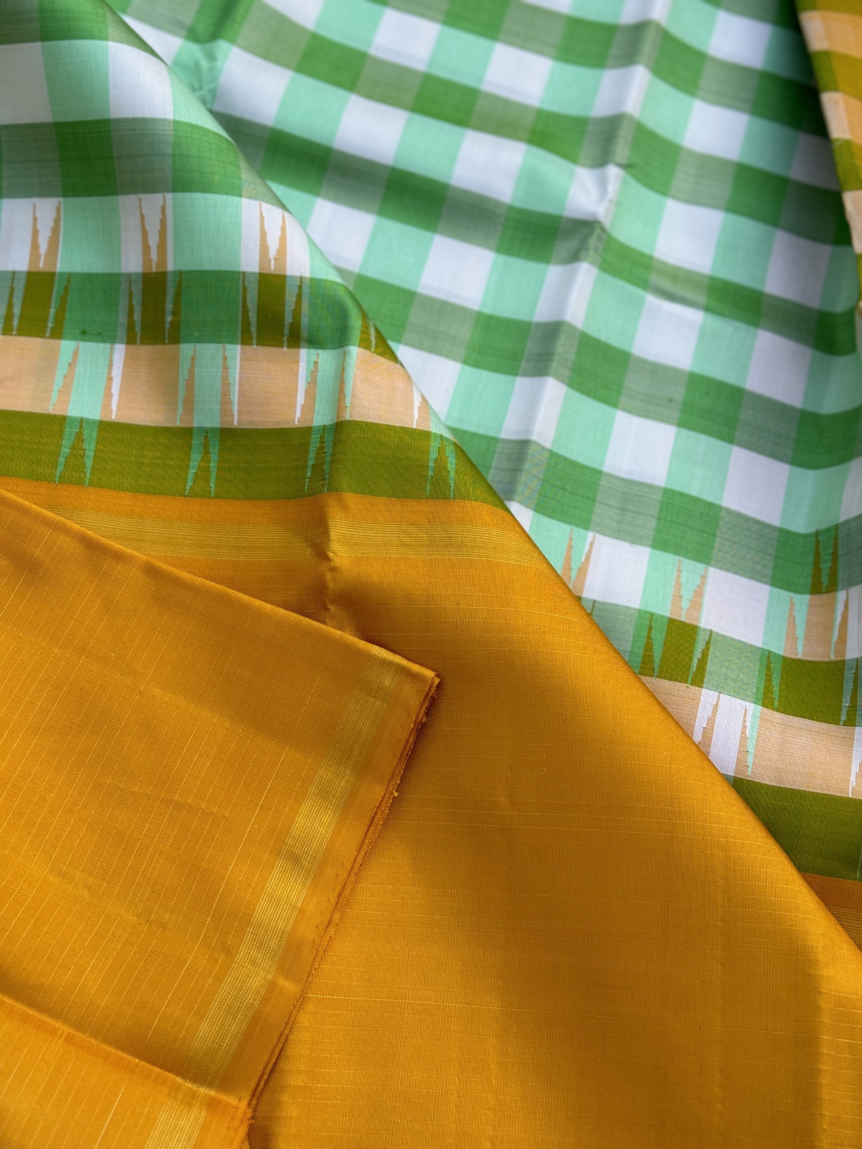 Handwoven Pure Arani Korvai Silk With pastel green white kattam aka checkers pattern