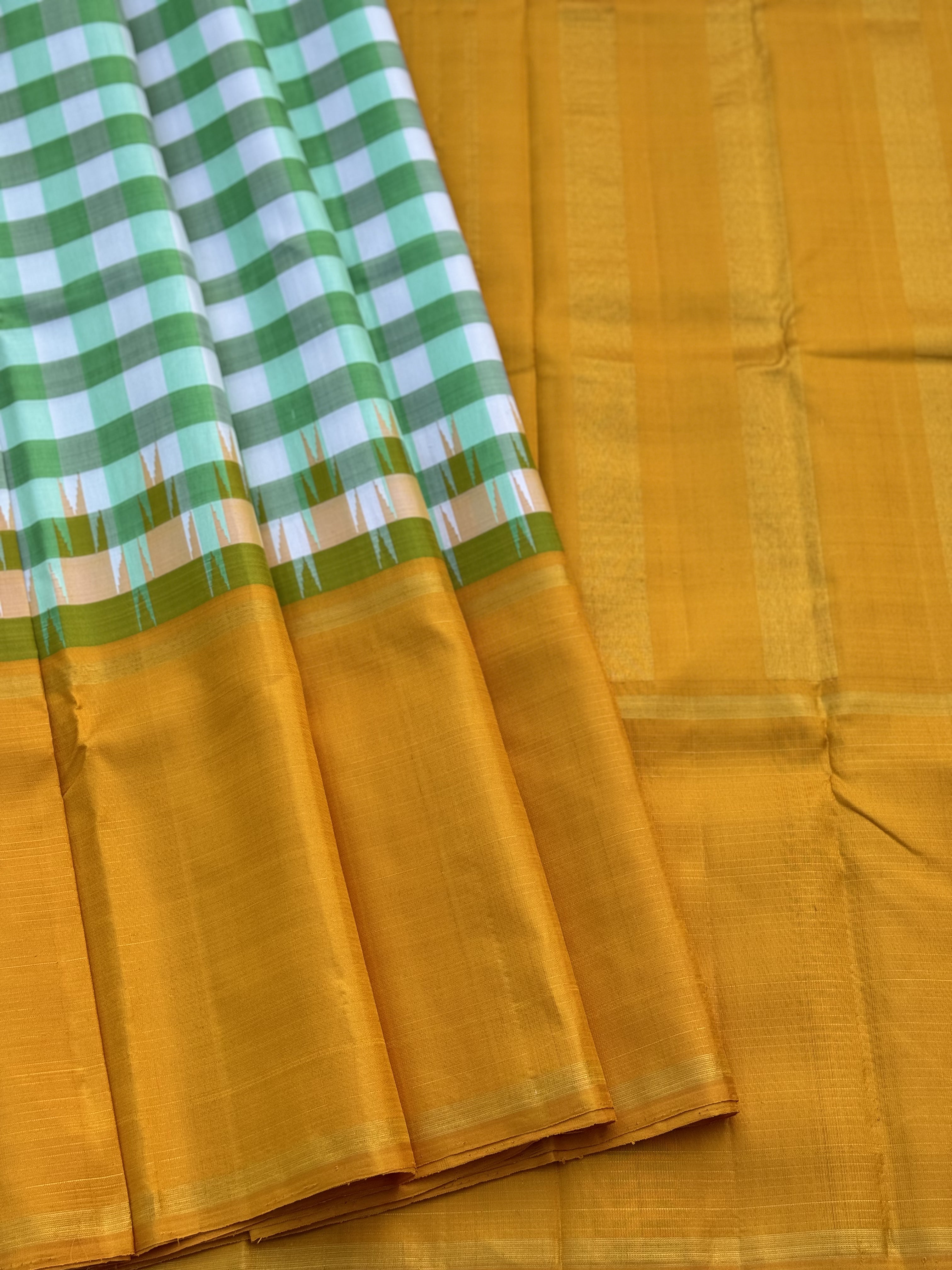 Handwoven Pure Arani Korvai Silk With pastel green white kattam aka checkers pattern