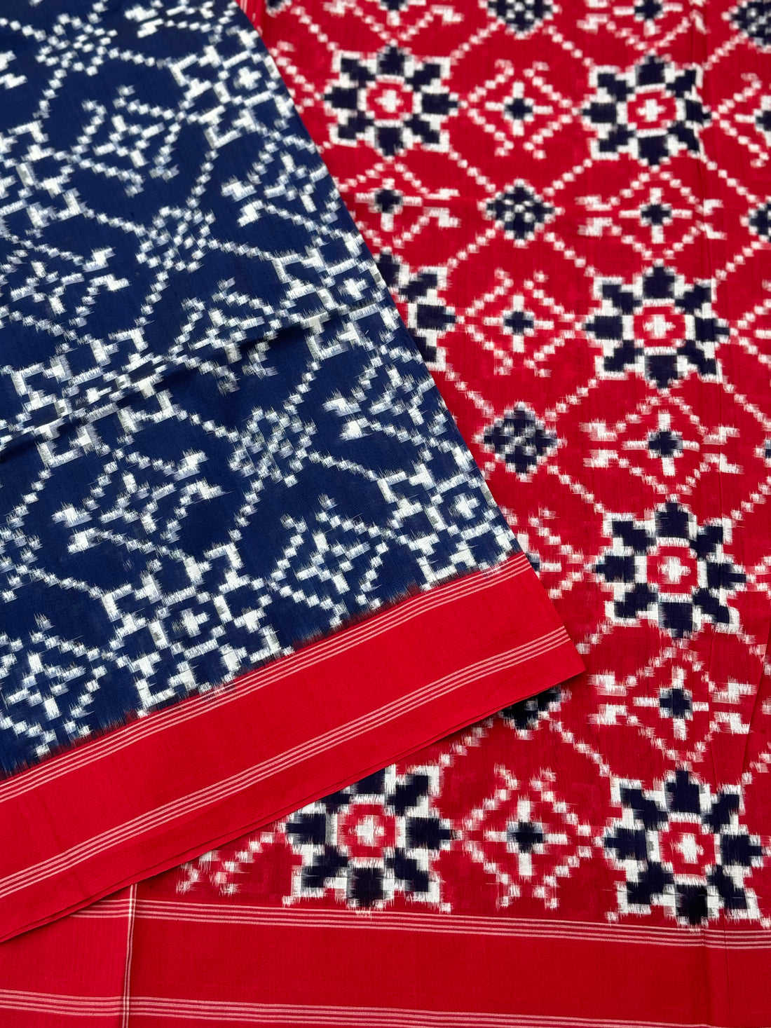 Blue and Red floral Telia Rumal double ikkat cotton saree