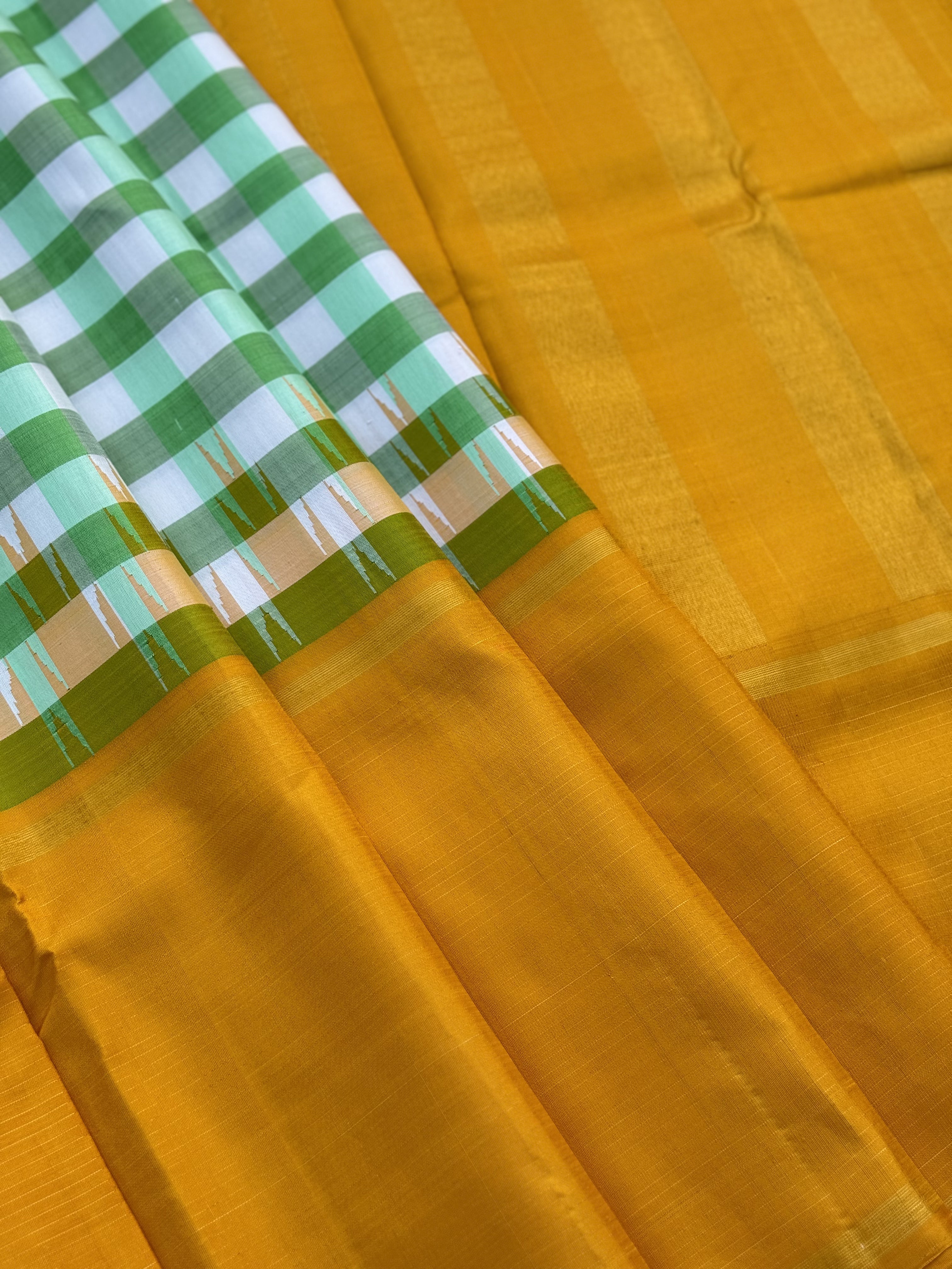 Handwoven Pure Arani Korvai Silk With pastel green white kattam aka checkers pattern