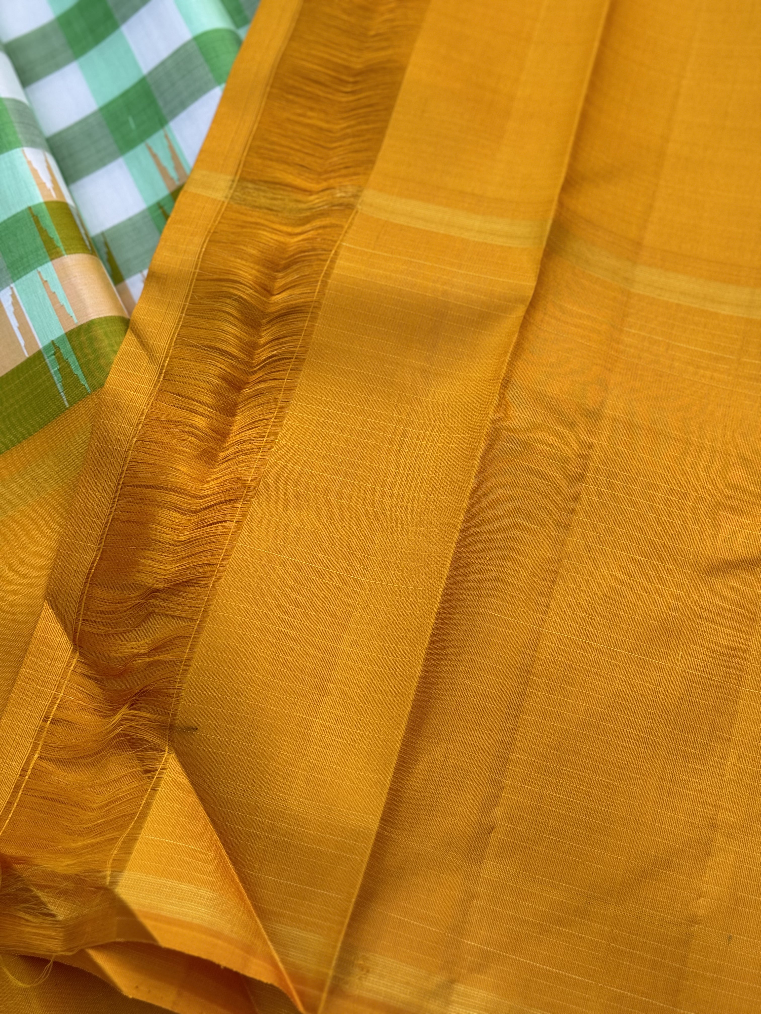 Handwoven Pure Arani Korvai Silk With pastel green white kattam aka checkers pattern