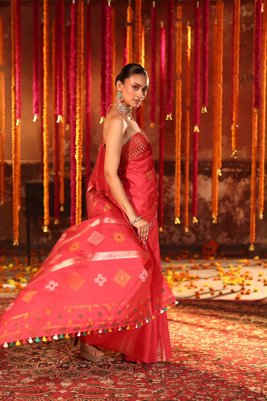 A designer exclusive Chilli Red shade ettukol kanchivaram silk saree with kasuti hand embroidery