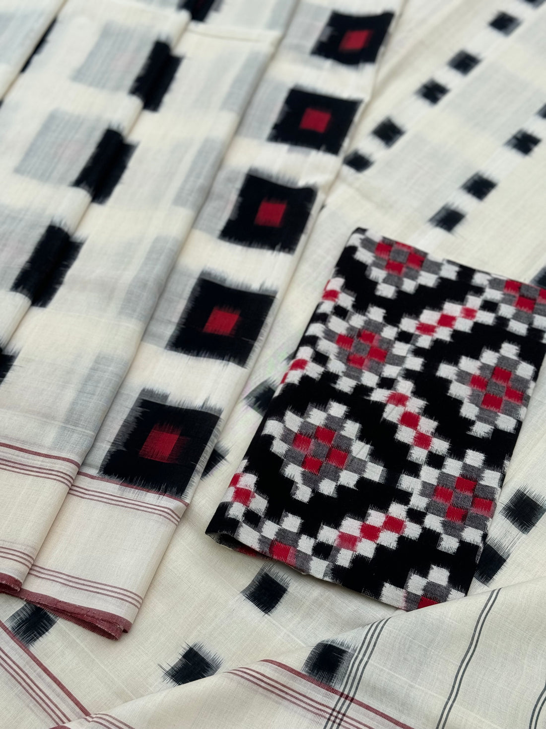 black red and white double ikkat cotton saree