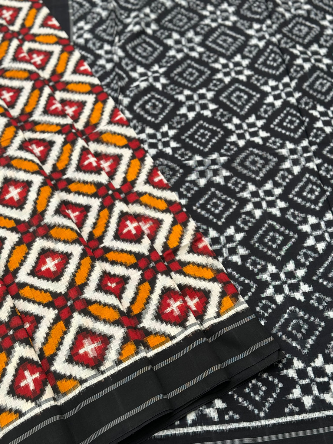 Black red yellow Telia Rumal double ikkat cotton saree