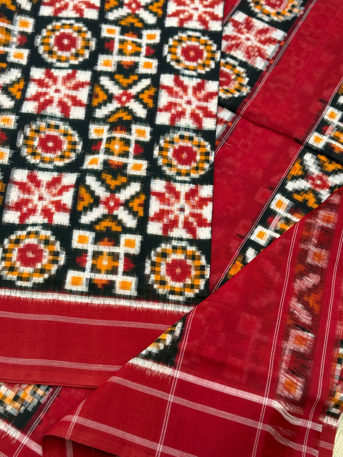 Green red yellow Telia Rumal double ikkat cotton saree