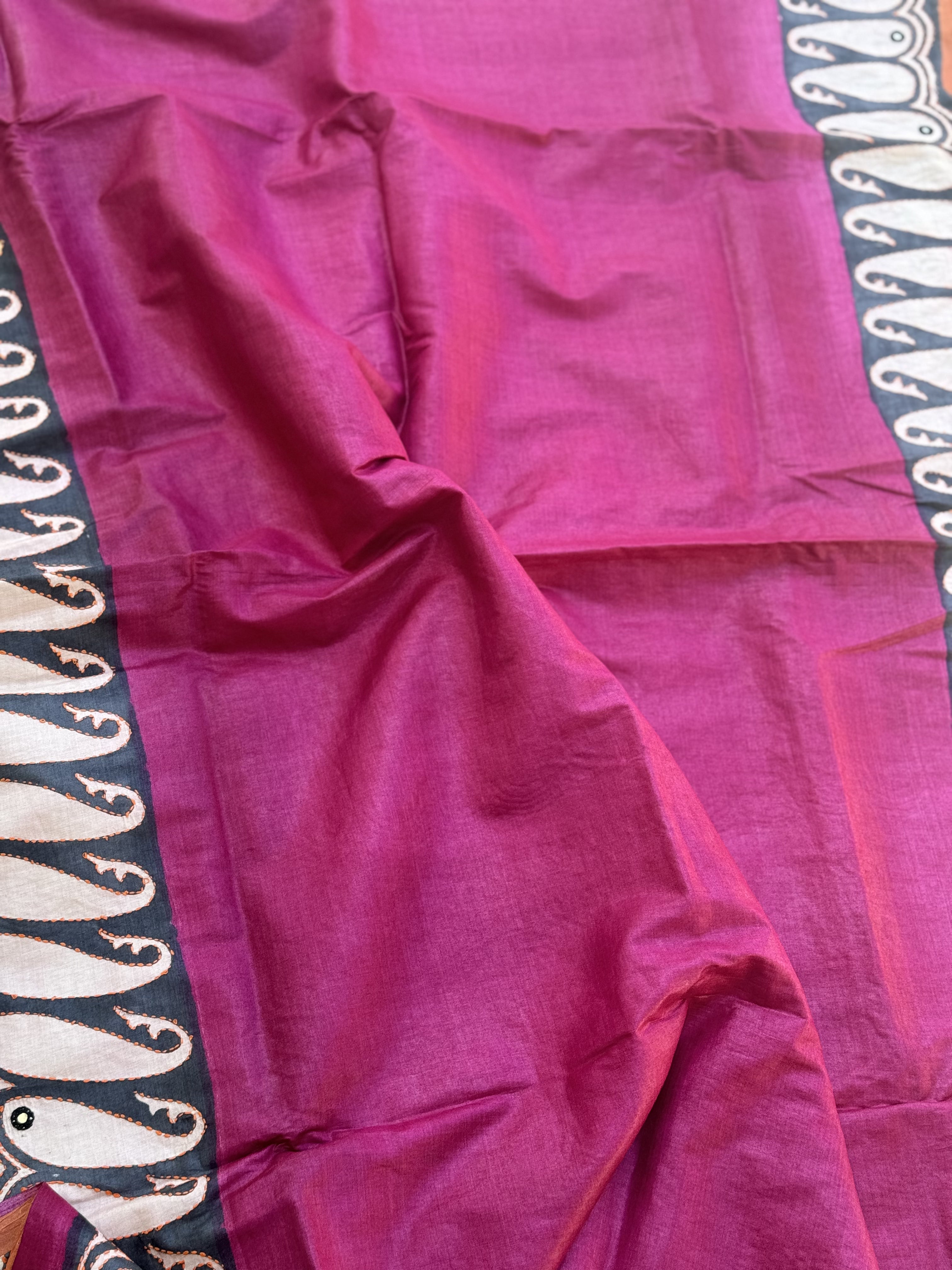 Handblock Printed Tussar Silk Saree With Crochet Border And Pall