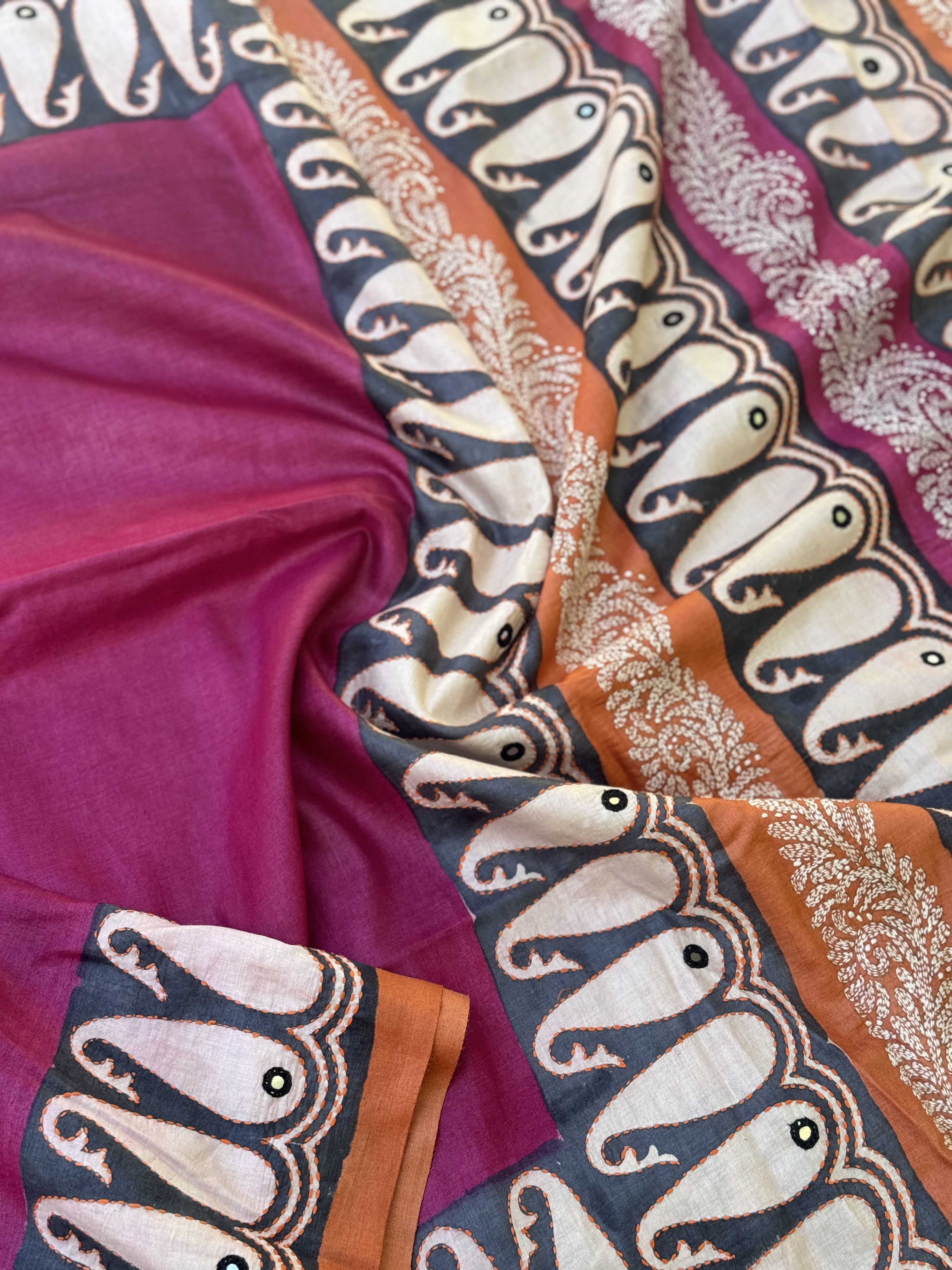 Handblock Printed Tussar Silk Saree With Crochet Border And Pall