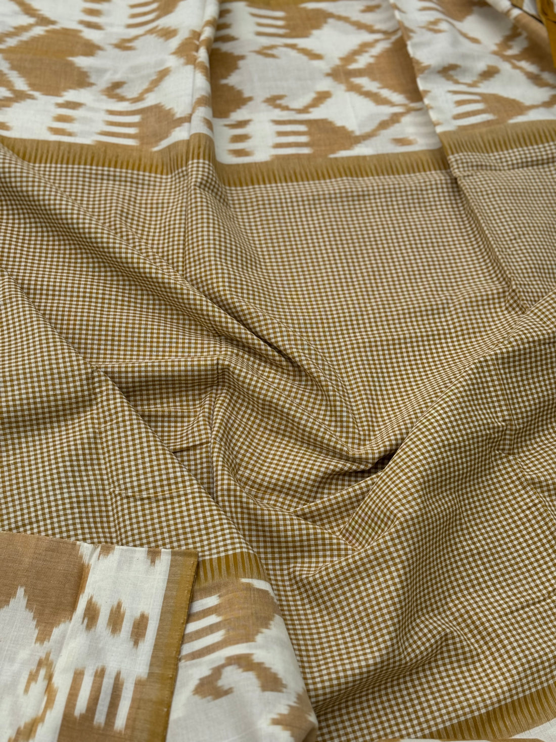 Mustard yellow single ikkat cotton saree