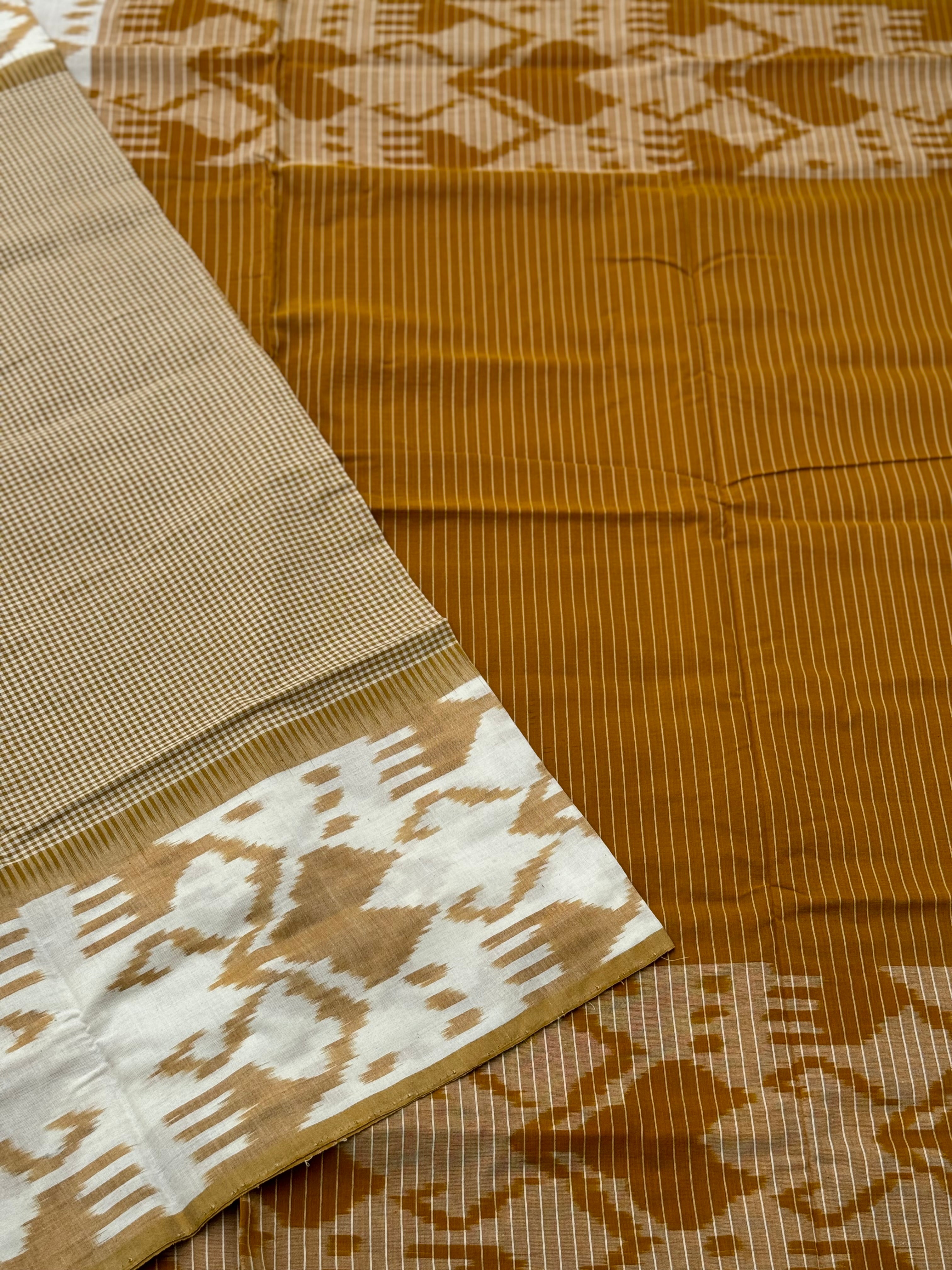 Mustard yellow single ikkat cotton saree
