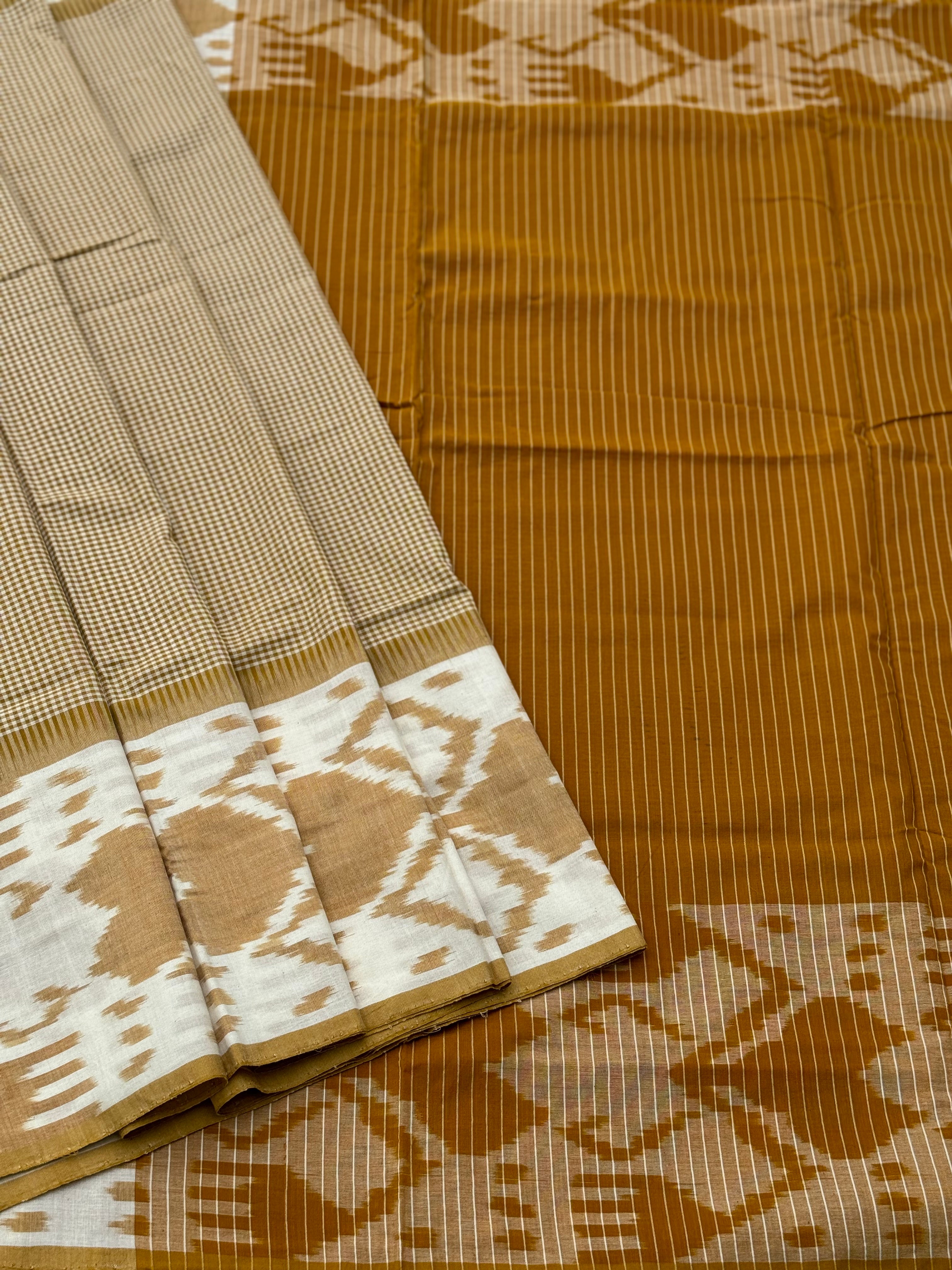 Mustard yellow single ikkat cotton saree