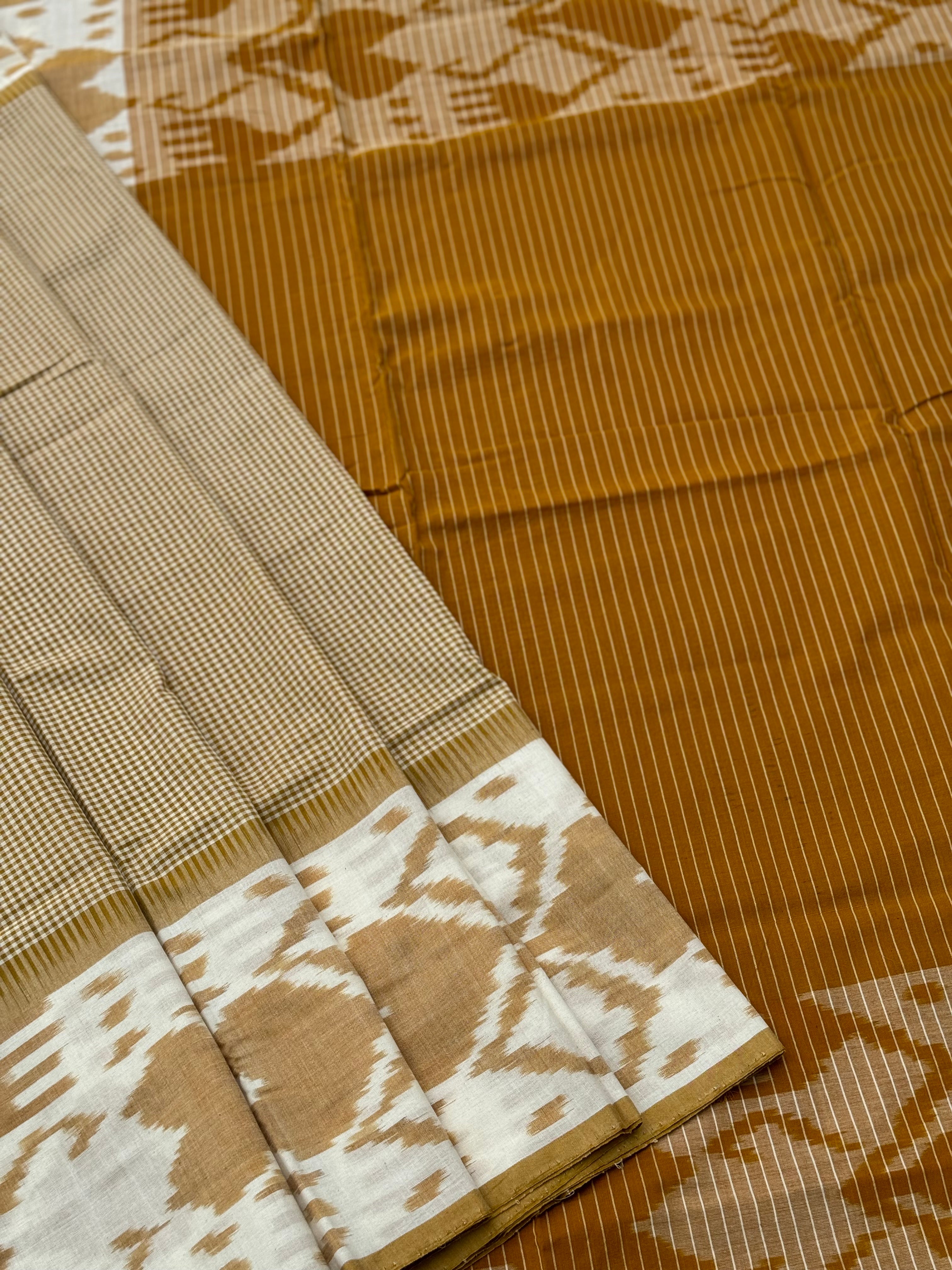 Mustard yellow single ikkat cotton saree