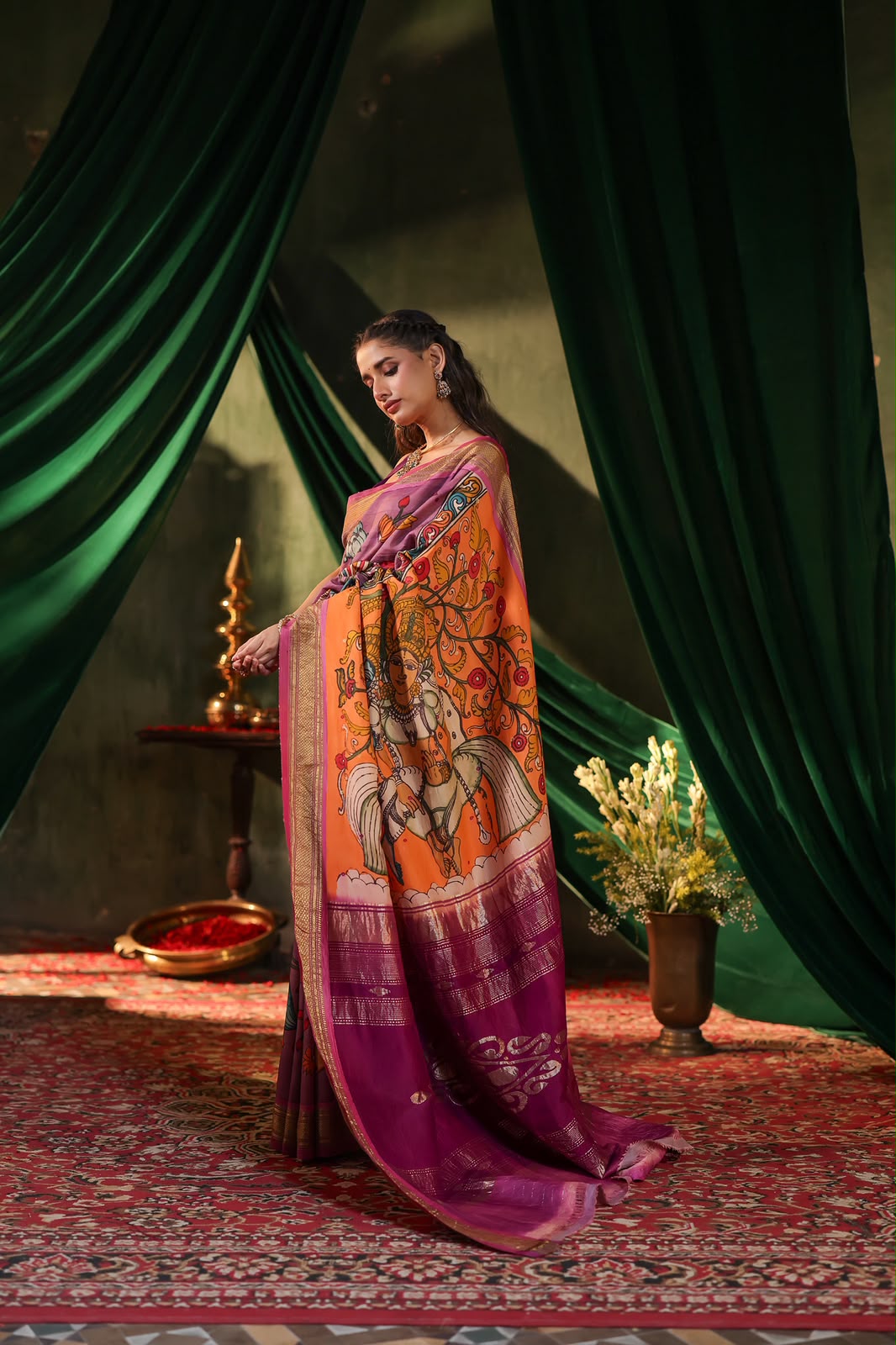Complete Hand Drawn And Hand Painted Penkalamkari In pastel lavender Paithani Silk Saree with narali border